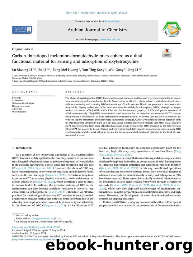 Carbon dots-doped melamineâformaldehyde microsphere as a dual functional material for sensing and adsorption of oxytetracycline by Lu-Shuang Li & Su Li & Zong-Mei Huang & Yan-Ting Song & Wei Gong & Jing Li