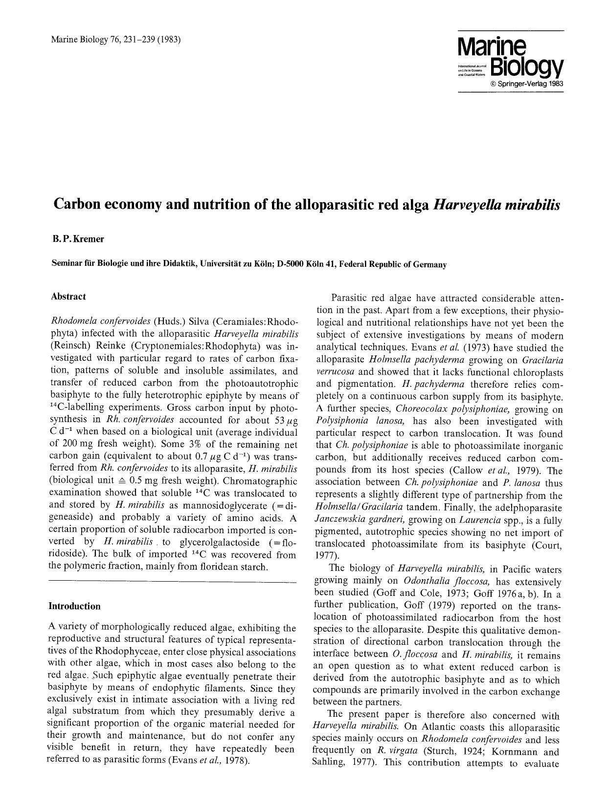 Carbon economy and nutrition of the alloparasitic red alga <Emphasis Type="Italic">Harveyella mirabilis<Emphasis> by Unknown