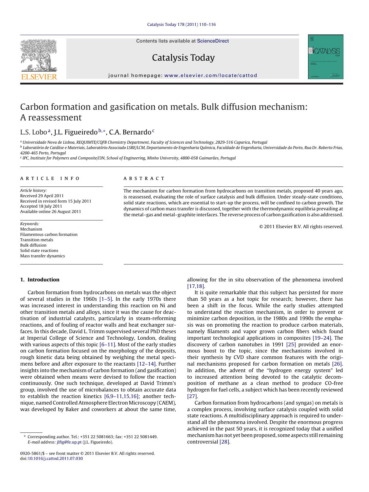 Carbon formation and gasification on metals. Bulk diffusion mechanism: A reassessment by L.S. Lobo