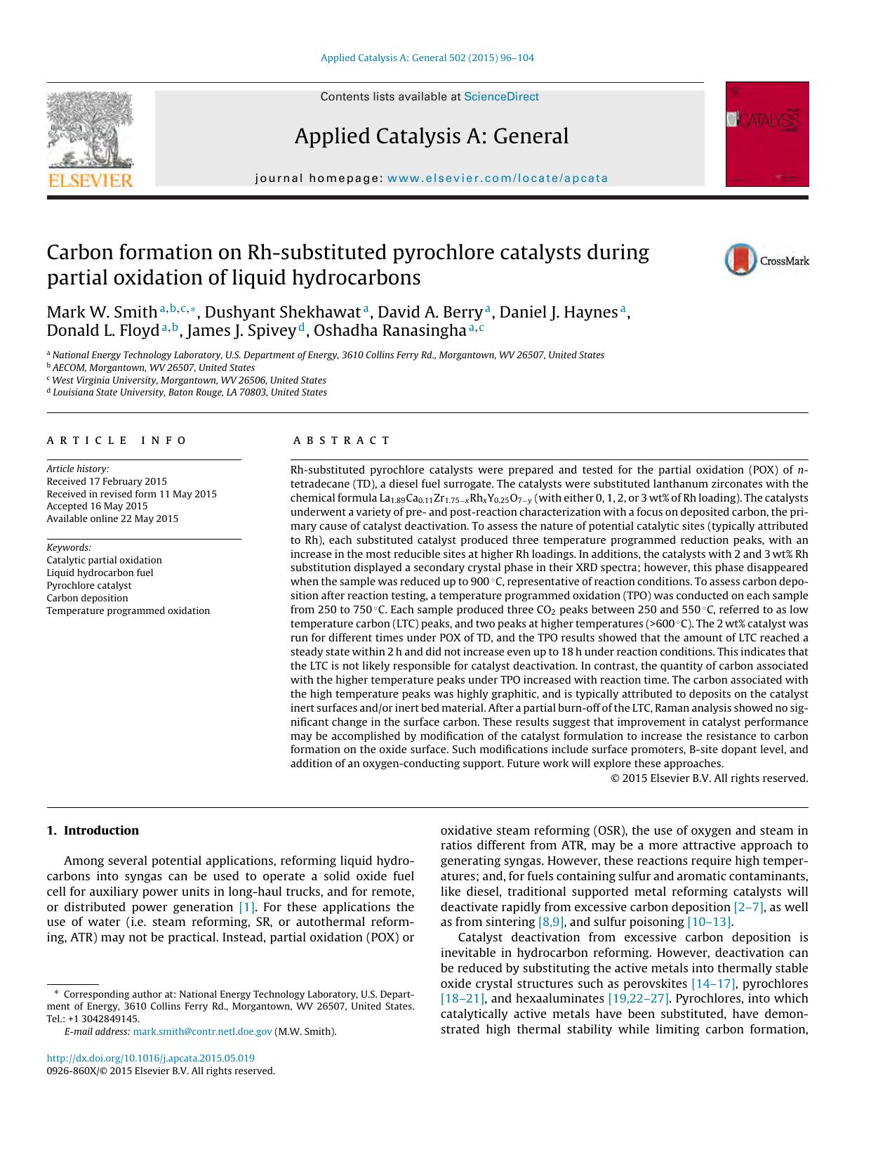 Carbon formation on Rh-substituted pyrochlore catalysts during partial oxidation of liquid hydrocarbons by unknow