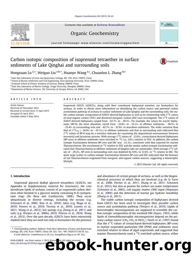 Carbon isotopic composition of isoprenoid tetraether in surface sediments of Lake Qinghai and surrounding soils by Hongxuan Lu & Weiguo Liu & Huanye Wang & Chuanlun L. Zhang