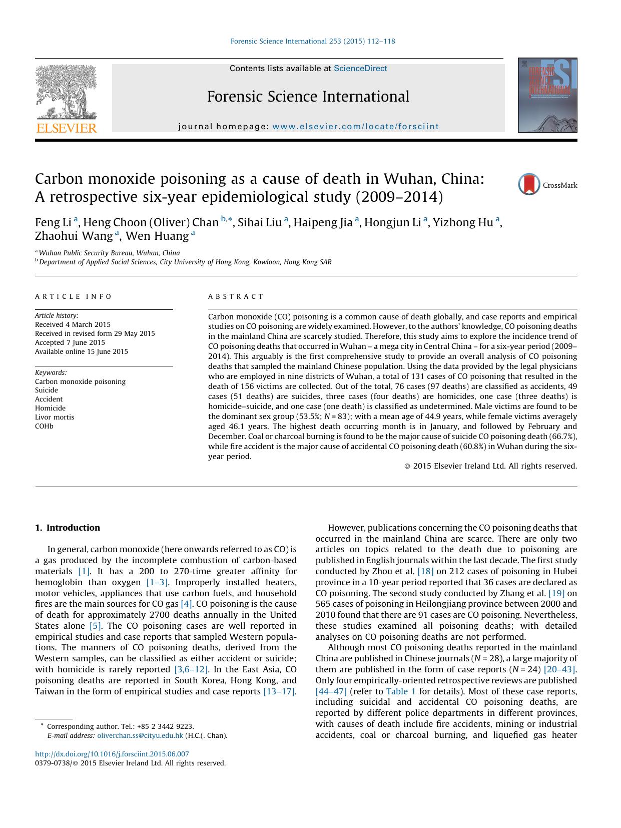 Carbon monoxide poisoning as a cause of death in Wuhan, China: A retrospective six-year epidemiological study (2009â2014) by unknow