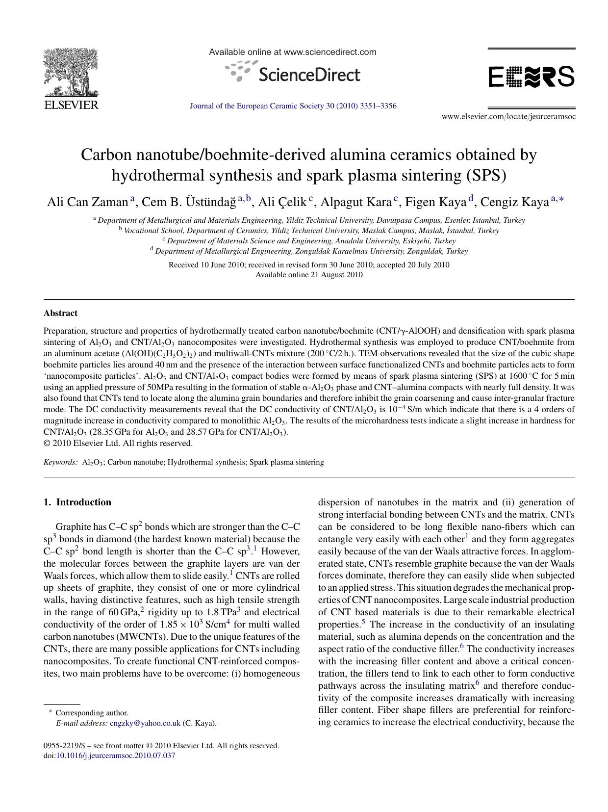 Carbon nanotubeboehmite-derived alumina ceramics obtained by hydrothermal synthesis and spark plasma sintering (SPS) by Ali Can Zaman