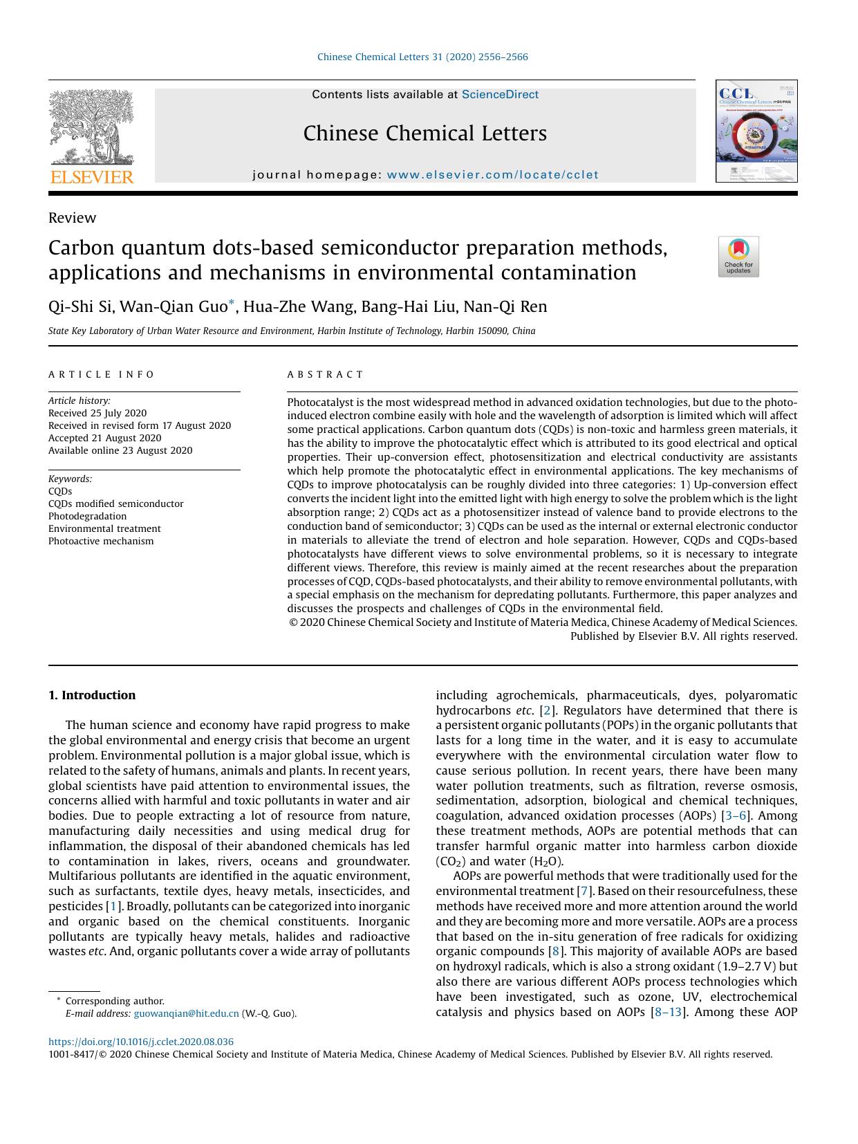 Carbon quantum dots-based semiconductor preparation methods, applications and mechanisms in environmental contamination by Qi-Shi Si & Wan-Qian Guo & Hua-Zhe Wang & Bang-Hai Liu & Nan-Qi Ren