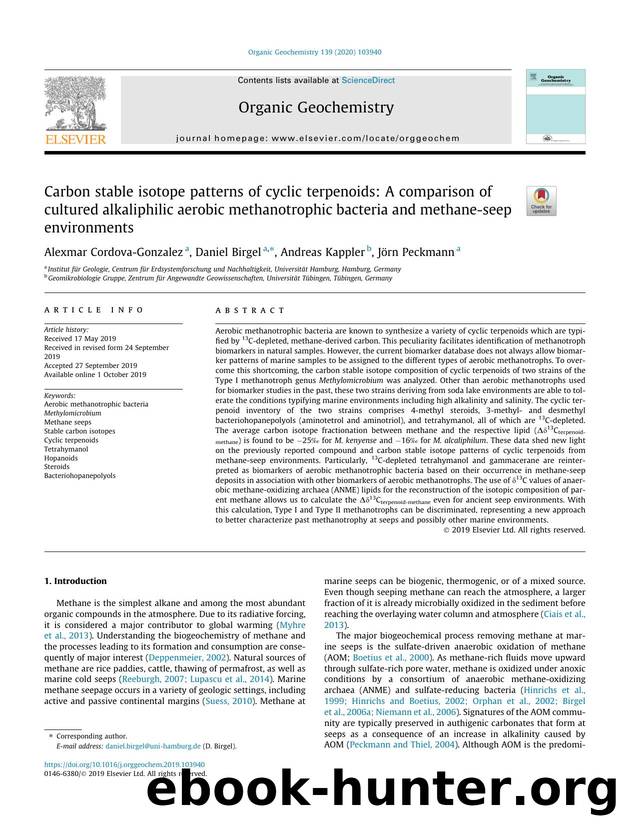 Carbon stable isotope patterns of cyclic terpenoids: A comparison of cultured alkaliphilic aerobic methanotrophic bacteria and methane-seep environments by Alexmar Cordova-Gonzalez & Daniel Birgel & Andreas Kappler & Jörn Peckmann