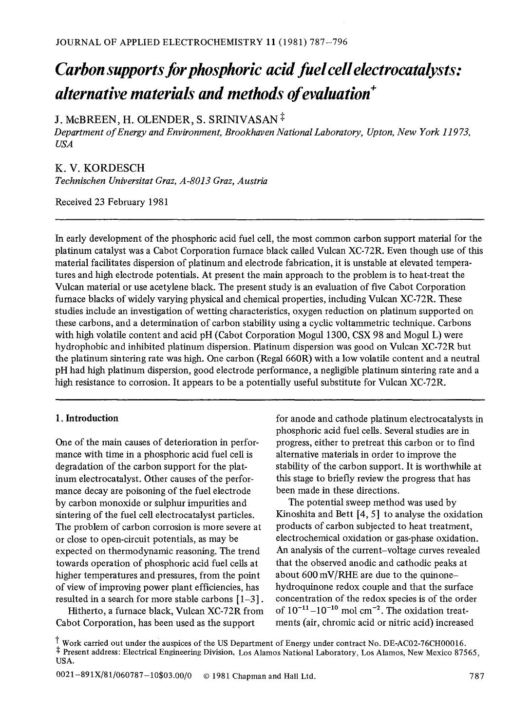 Carbon supports for phosphoric acid fuel cell electrocatalysts: alternative materials and methods of evaluation by Unknown