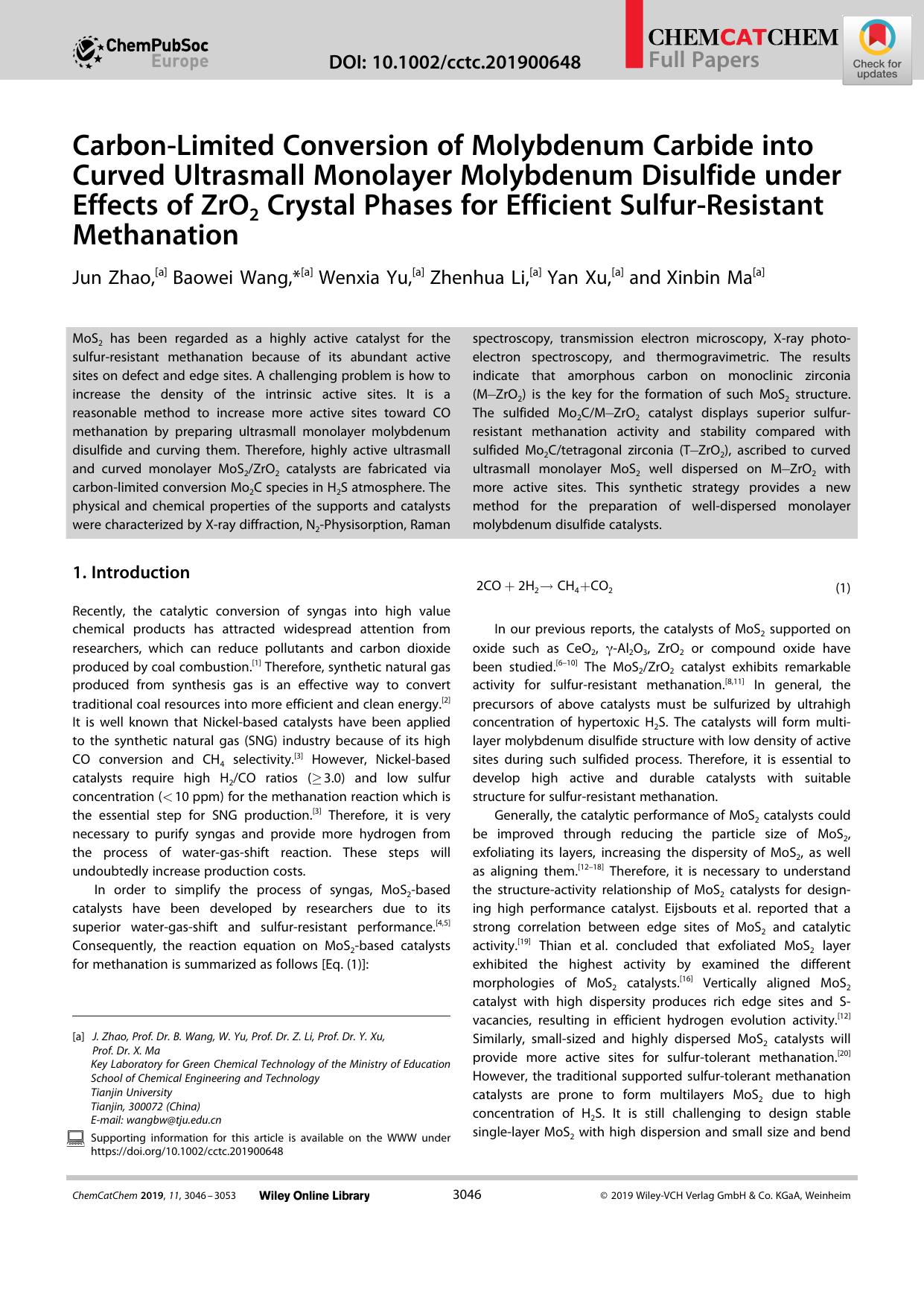 CarbonâLimited Conversion of Molybdenum Carbide into Curved Ultrasmall Monolayer Molybdenum Disulfide under Effects of ZrO2 Crystal Phases for Efficient SulfurâResistant Methanation by Unknown