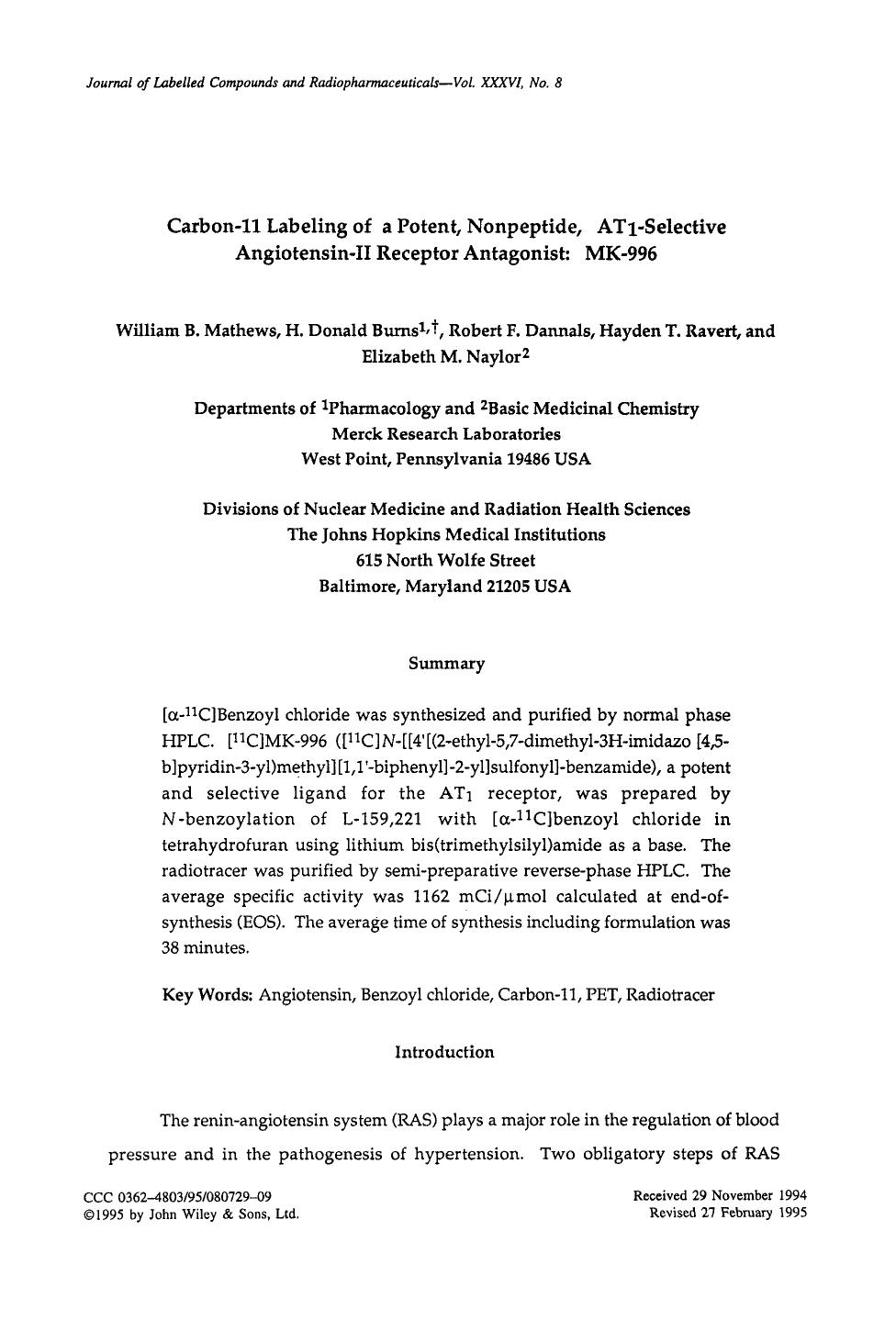Carbon-11 labeling of a potent, nonpeptide, at1-selective angiotensin-II receptor antagonist: MK-996 by Unknown