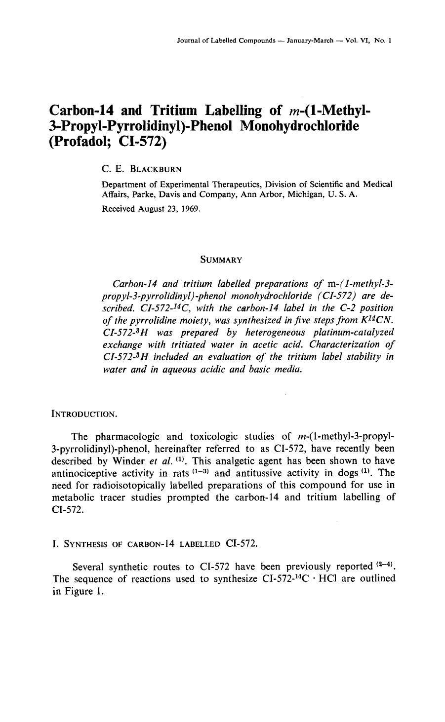 Carbon-14 and tritium labelling of m-(1-methyl-3-propyl-pyrrolidinyl)- phenol monohydrochloride (profadol; CI-572) by Unknown