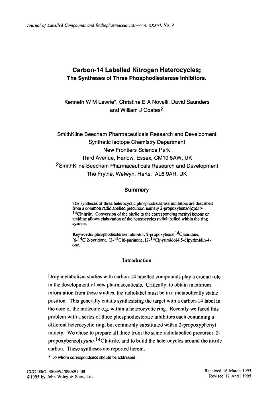 Carbon-14 labelled nitrogen heterocycles; the syntheses of three phosphodiesterase inhibitors by Unknown