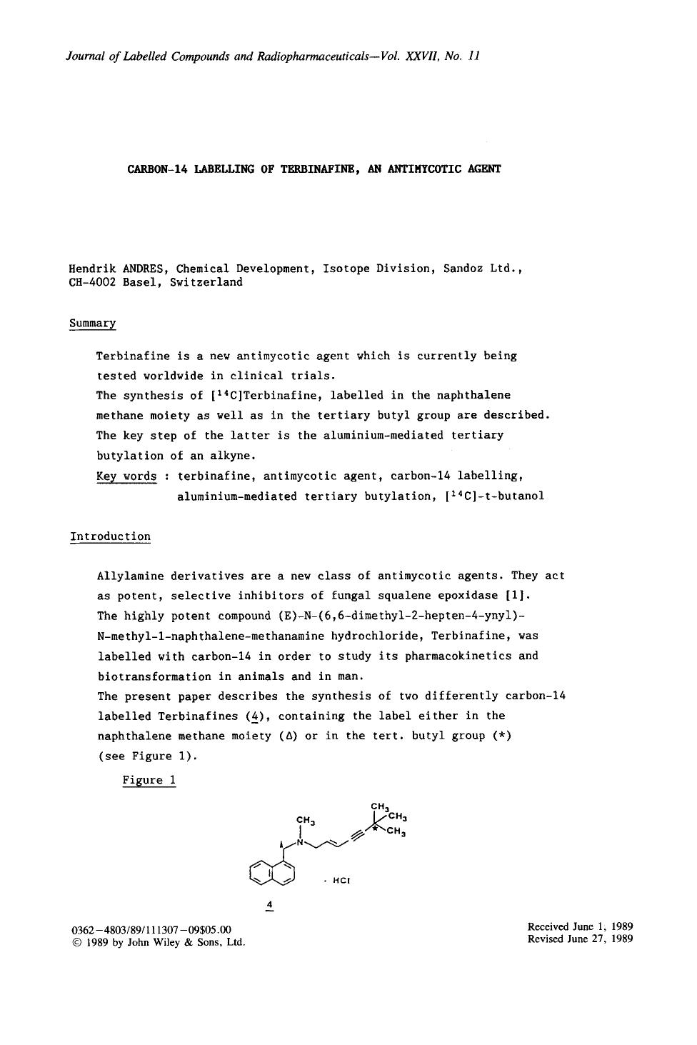 Carbon-14 labelling of terbinafine, an antimycotic agent by Unknown