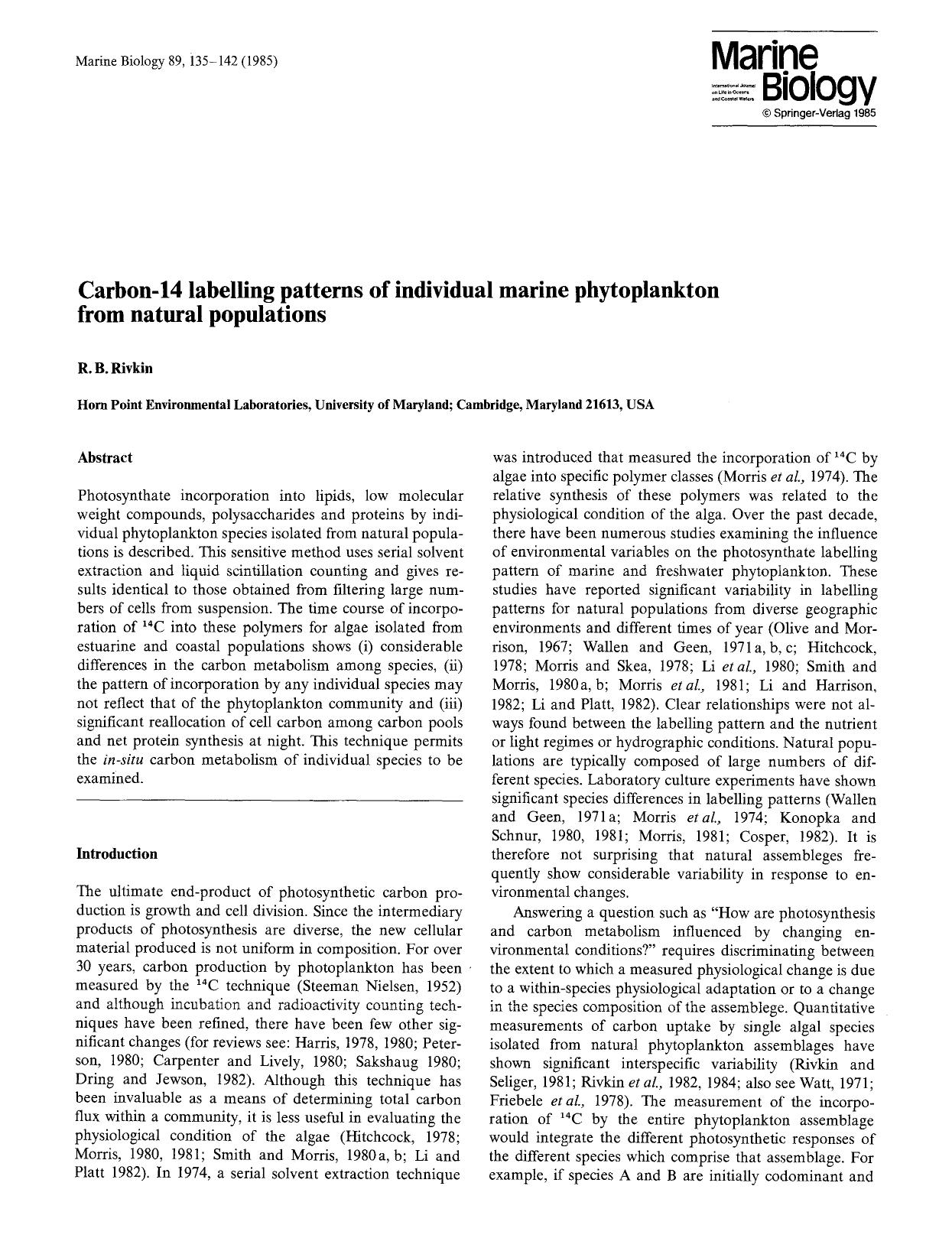 Carbon-14 labelling patterns of individual marine phytoplankton from natural populations by Unknown