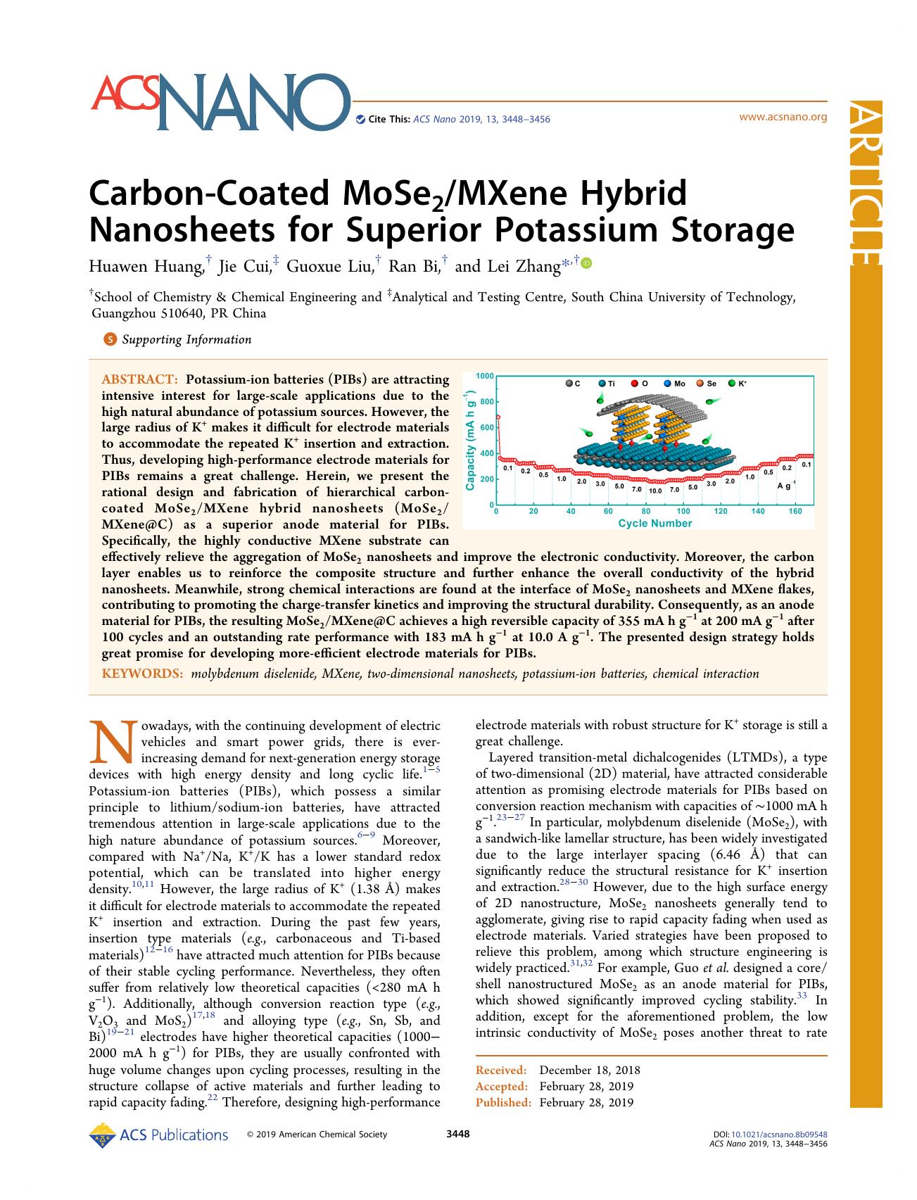 Carbon-Coated MoSe2MXene Hybrid Nanosheets for Superior Potassium Storage by Huawen Huang Jie Cui Guoxue Liu Ran Bi and Lei Zhang