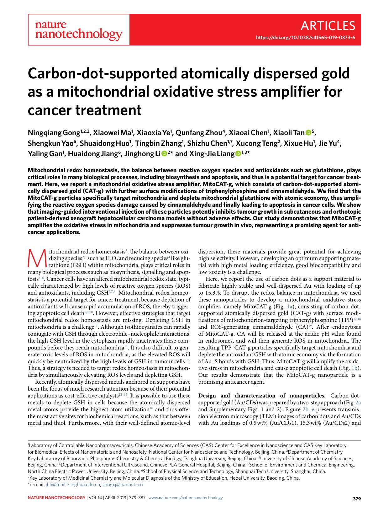 Carbon-dot-supported atomically dispersed gold as a mitochondrial oxidative stress amplifier for cancer treatment by unknow
