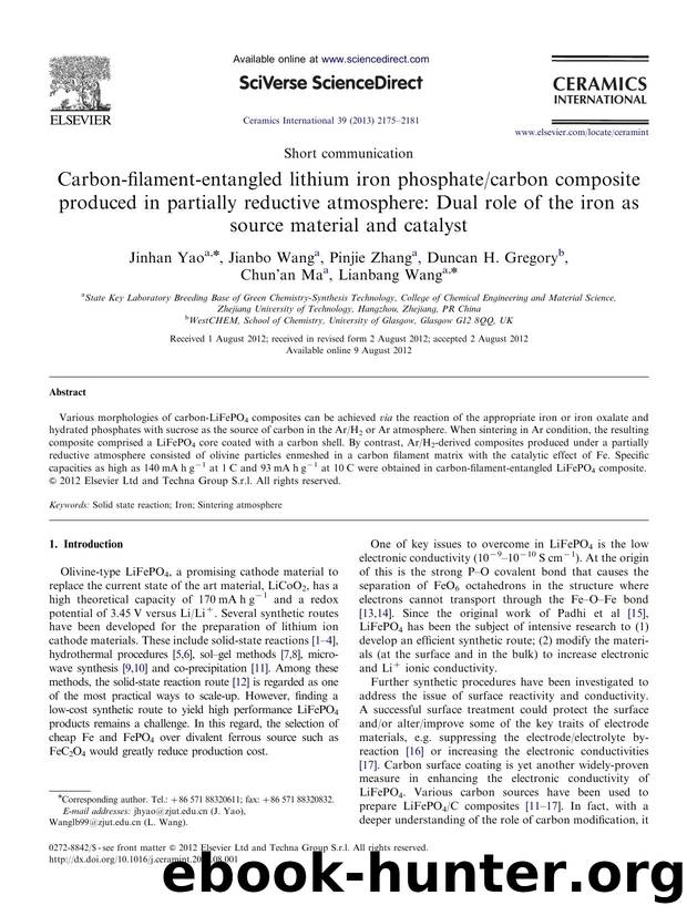 Carbon-filament-entangled lithium iron phosphatecarbon composite produced in partially reductive atmosphere Dual role of the iron as source material and catalyst by Jinhan Yao & Jianbo Wang & Pinjie Zhang & Duncan H. Gregory & Chun'an Ma & Lianbang Wang