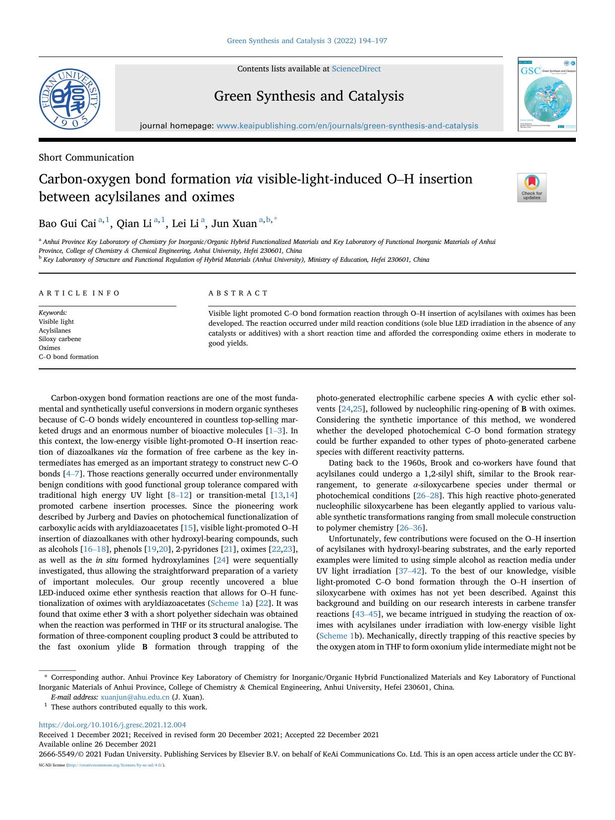 Carbon-oxygen bond formation via visible-light-induced O-H insertion between acylsilanes and oximes by Bao Gui Cai