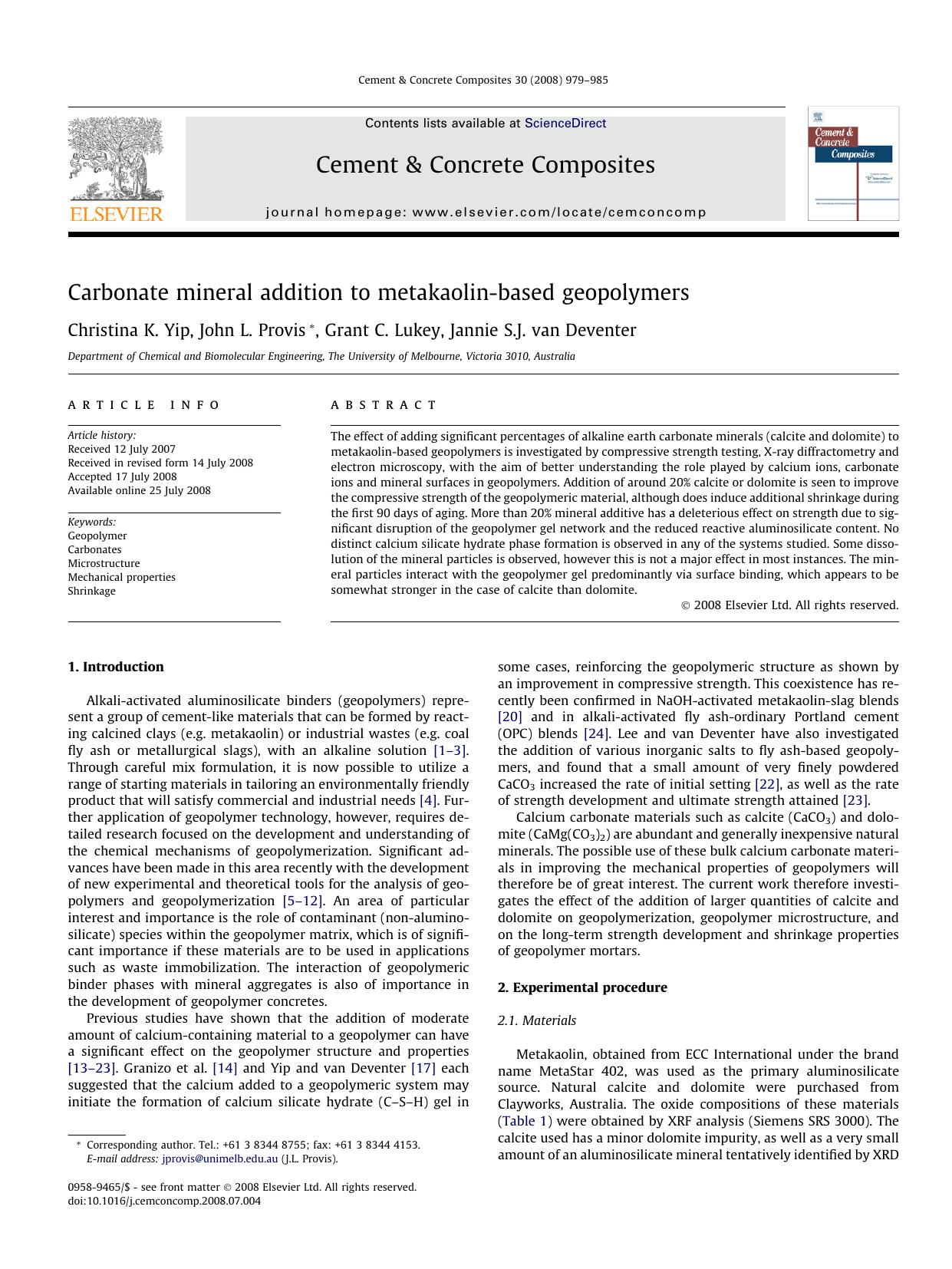 Carbonate mineral addition to metakaolin-based geopolymers by Christina K. Yip; John L. Provis; Grant C. Lukey; Jannie S.J. van Deventer