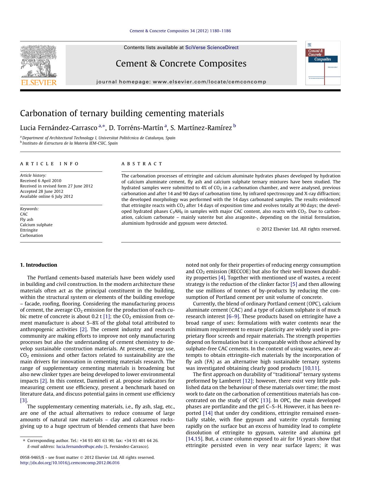 Carbonation of ternary building cementing materials by Lucia FernÃ¡ndez-Carrasco & D. Torréns-Martín & S. Martínez-Ramírez