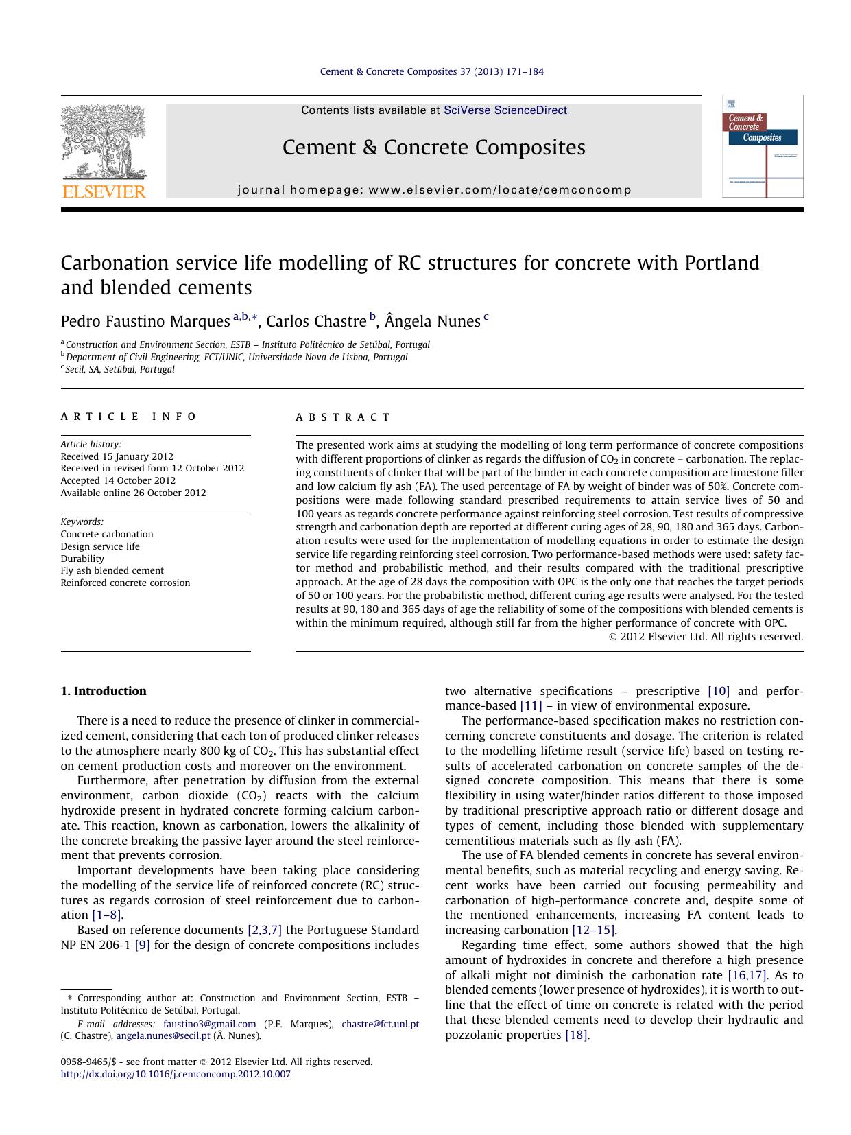 Carbonation service life modelling of RC structures for concrete with Portland and blended cements by Pedro Faustino Marques & Carlos Chastre & Ângela Nunes