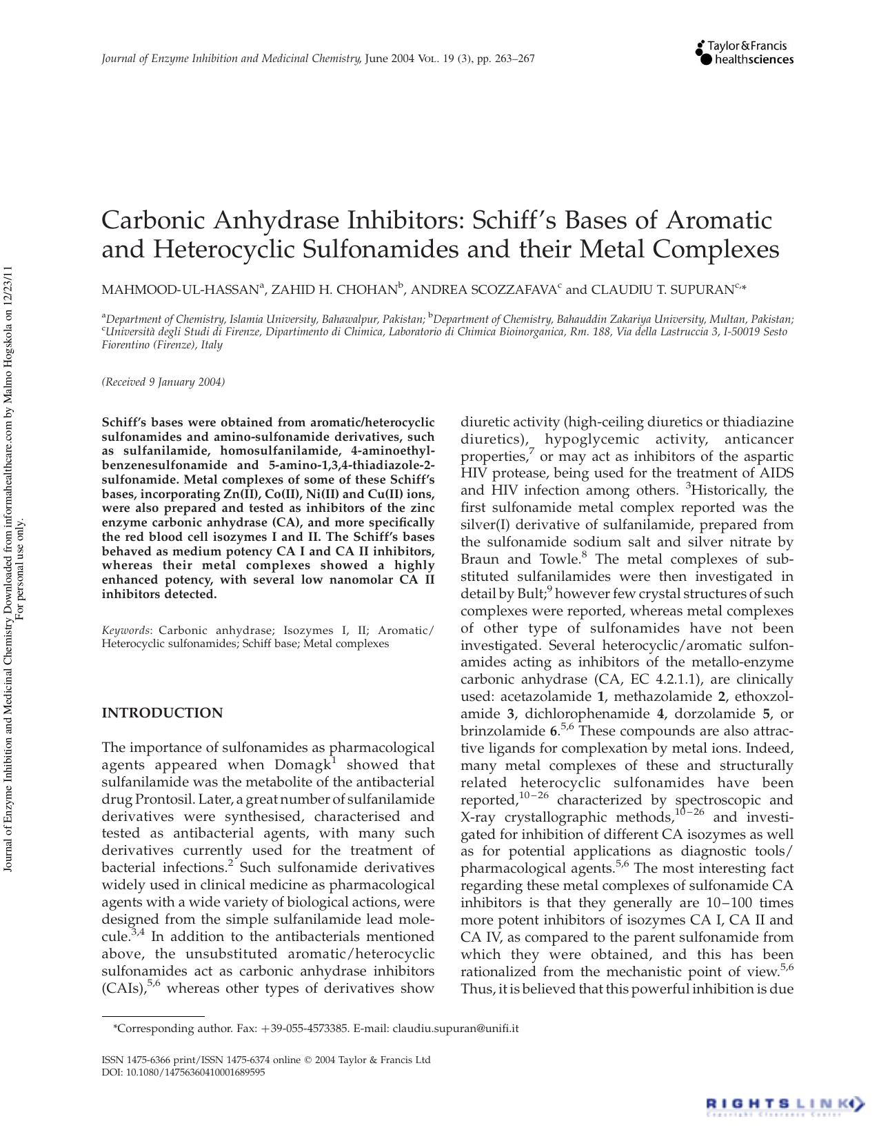 Carbonic Anhydrase Inhibitors: Schiff's Bases of Aromatic and Heterocyclic Sulfonamides and their Metal Complexes by Mahmood- Ul-Hassan Zahid H. Chohan Andrea Scozzafava & Claudiu T. Supuran