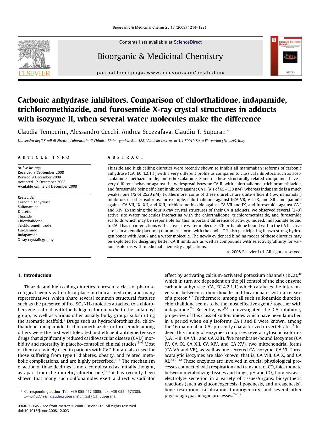 Carbonic anhydrase inhibitors. Comparison of chlorthalidone, indapamide, trichloromethiazide, and furosemide X-ray crystal structures in adducts with isozyme II, when several water by Claudia Temperini; Alessandro Cecchi; Andrea Scozzafava; Claudiu T. Supuran