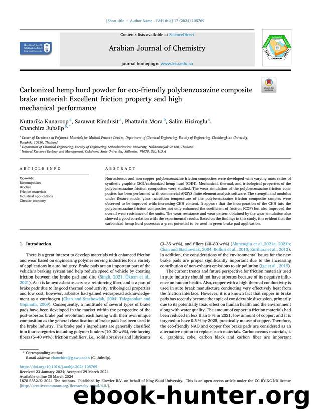 Carbonized hemp hurd powder for eco-friendly polybenzoxazine composite brake material: Excellent friction property and high mechanical performance by Nuttarika Kunaroop & Sarawut Rimdusit & Phattarin Mora & Salim Hiziroglu & Chanchira Jubsilp