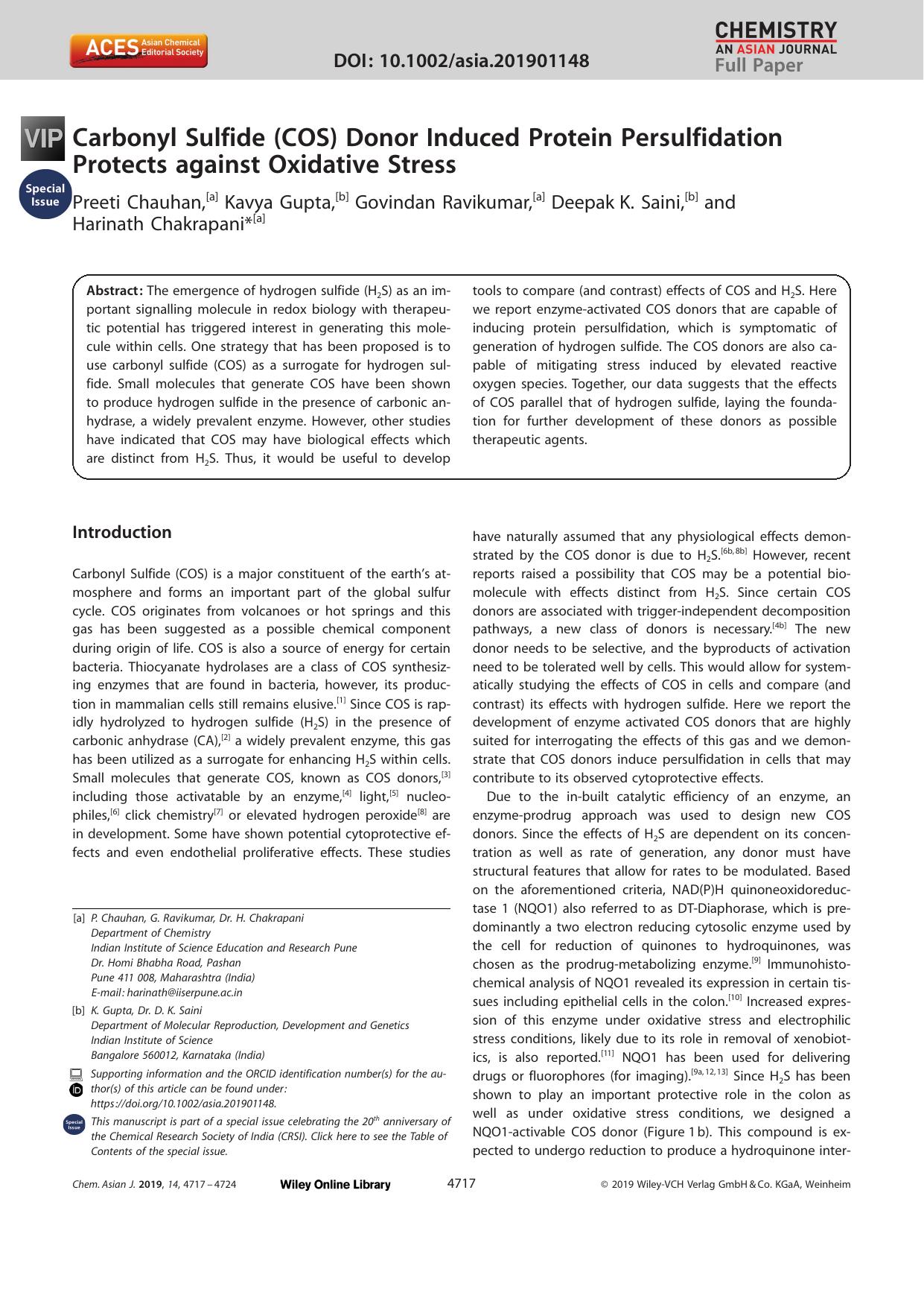 Carbonyl Sulfide (COS) Donor Induced Protein Persulfidation Protects against Oxidative Stress by Unknown