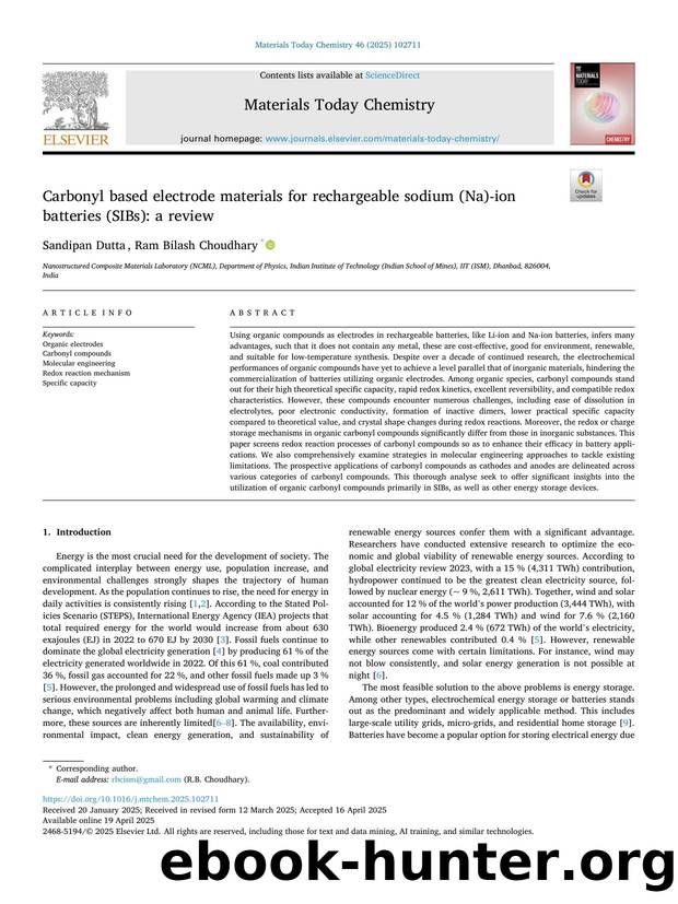 Carbonyl based electrode materials for rechargeable sodium (Na)-ion batteries (SIBs): a review by Sandipan Dutta & Ram Bilash Choudhary
