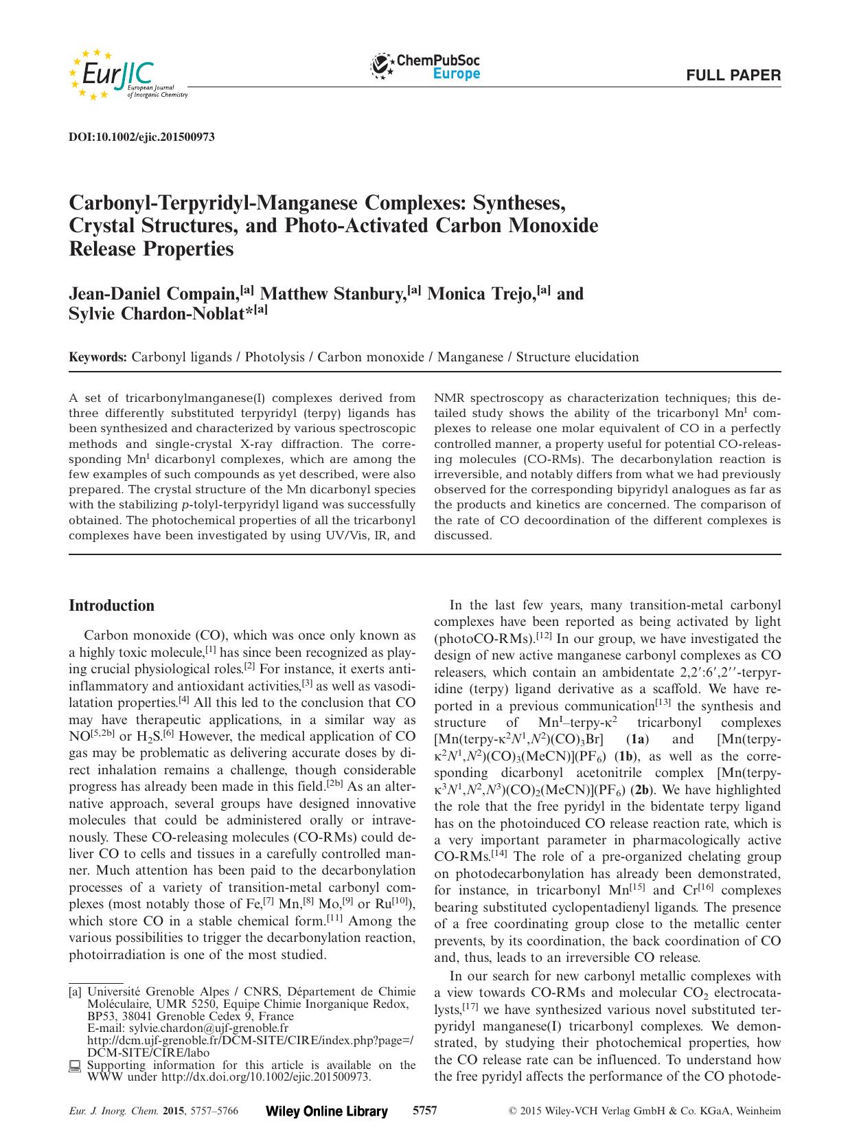 CarbonylTerpyridylManganese Complexes: Syntheses, Crystal Structures, and PhotoActivated Carbon Monoxide Release Properties by Unknown