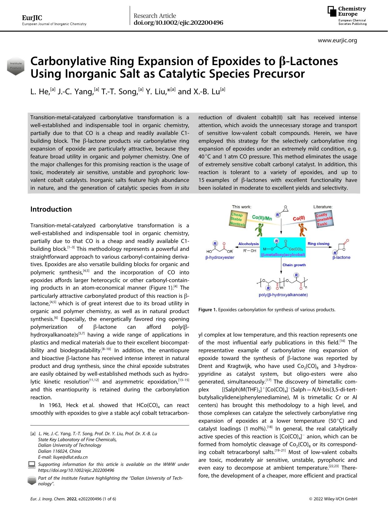 Carbonylative Ring Expansion of Epoxides to Î²âLactones Using Inorganic Salt as Catalytic Species Precursor by Unknown