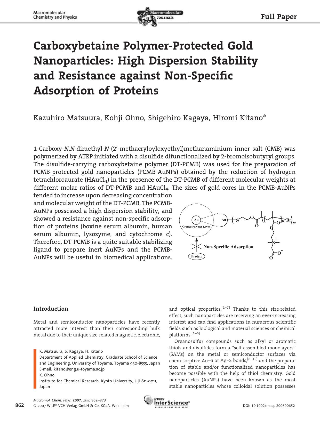 Carboxybetaine Polymer-Protected Gold Nanoparticles: High Dispersion Stability and Resistance against Non-Specific Adsorption of Proteins by Unknown