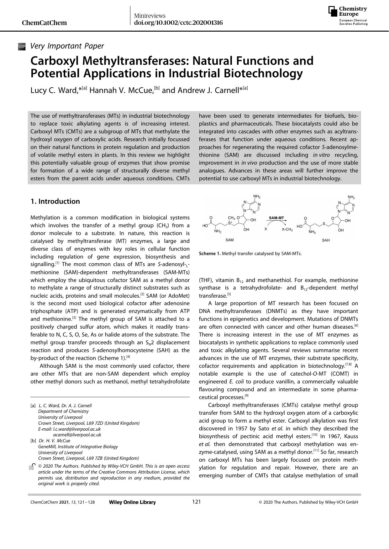 Carboxyl Methyltransferases: Natural Functions and Potential Applications in Industrial Biotechnology by Unknown