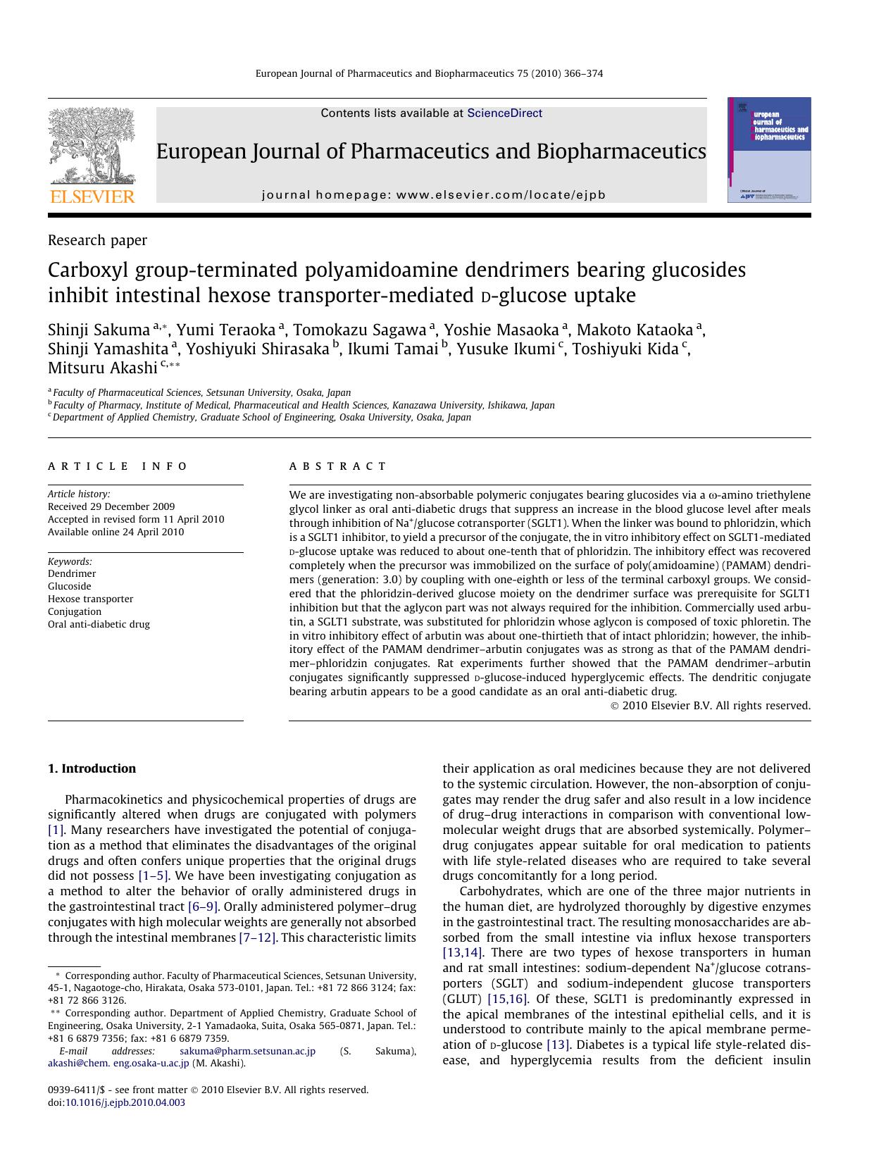 Carboxyl group-terminated polyamidoamine dendrimers bearing glucosides inhibit intestinal hexose transporter-mediated d-glucose uptake by unknow