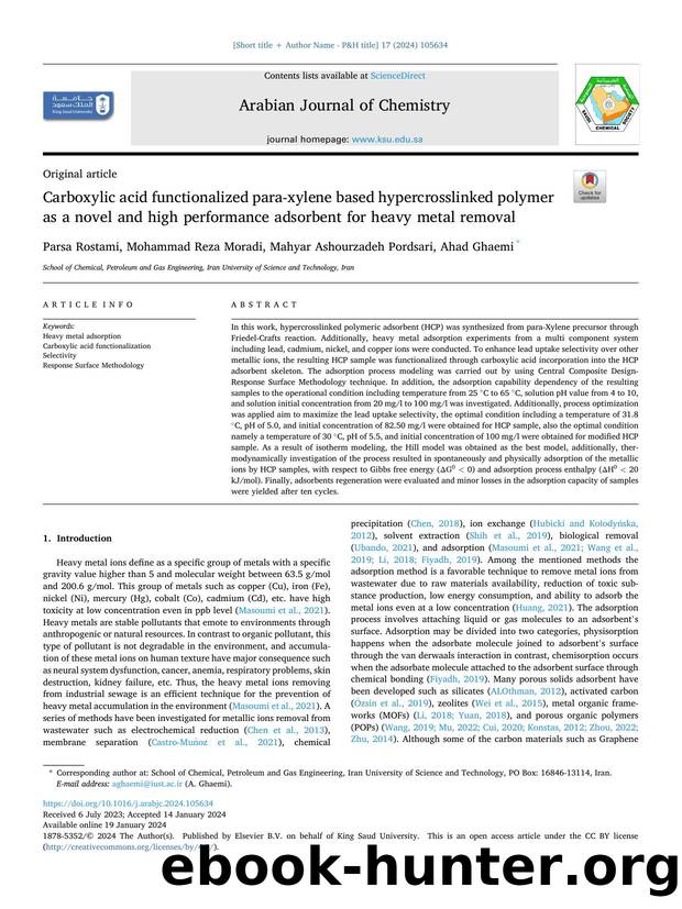 Carboxylic acid functionalized para-xylene based hypercrosslinked polymer as a novel and high performance adsorbent for heavy metal removal by Parsa Rostami & Mohammad Reza Moradi & Mahyar Ashourzadeh Pordsari & Ahad Ghaemi