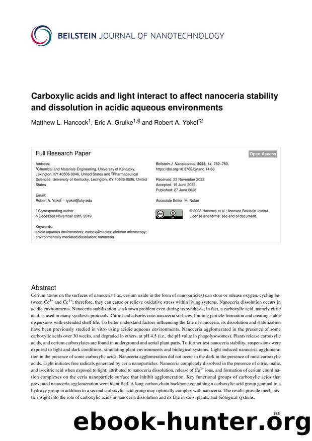 Carboxylic acids and light interact to affect nanoceria stability and dissolution in acidic aqueous environments by Matthew L. Hancock Eric A. Grulke Robert A. Yokel