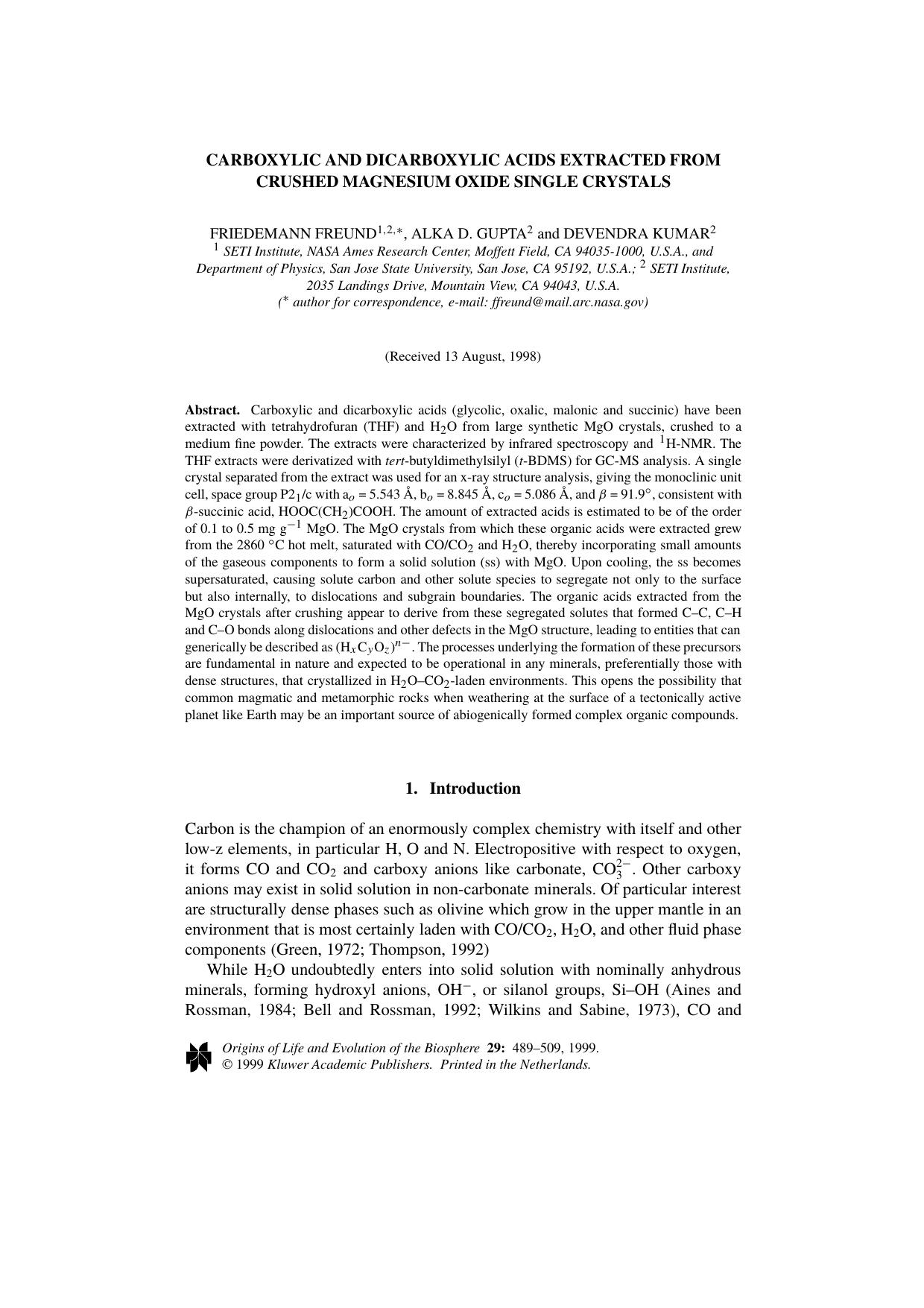 Carboxylic and Dicarboxylic Acids Extracted from Crushed Magnesium Oxide Single Crystals by Unknown