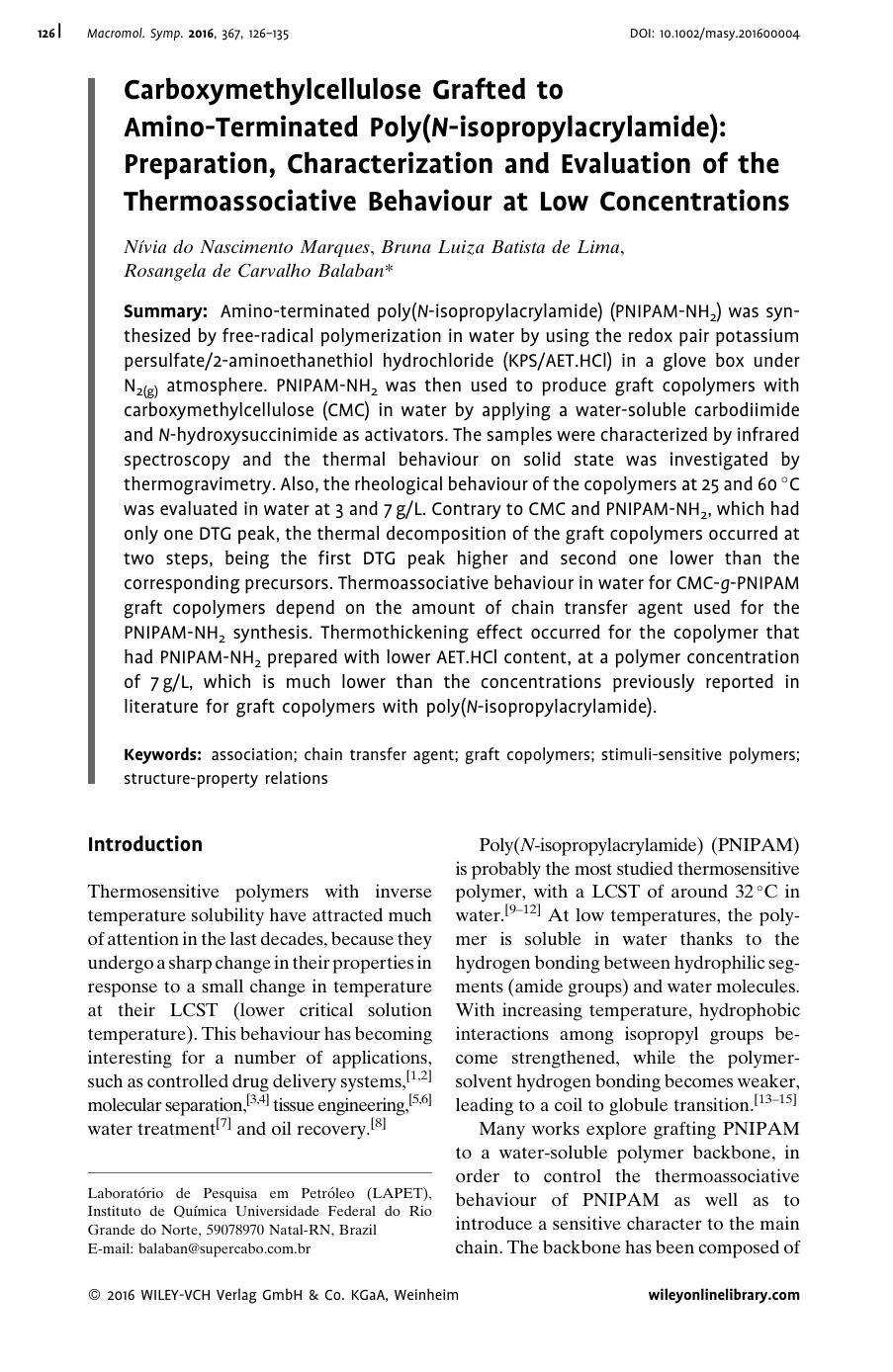 Carboxymethylcellulose Grafted to Amino-Terminated Poly(N-isopropylacrylamide): Preparation, Characterization and Evaluation of the Thermoassociative Behaviour at Low Concentrations by Unknown