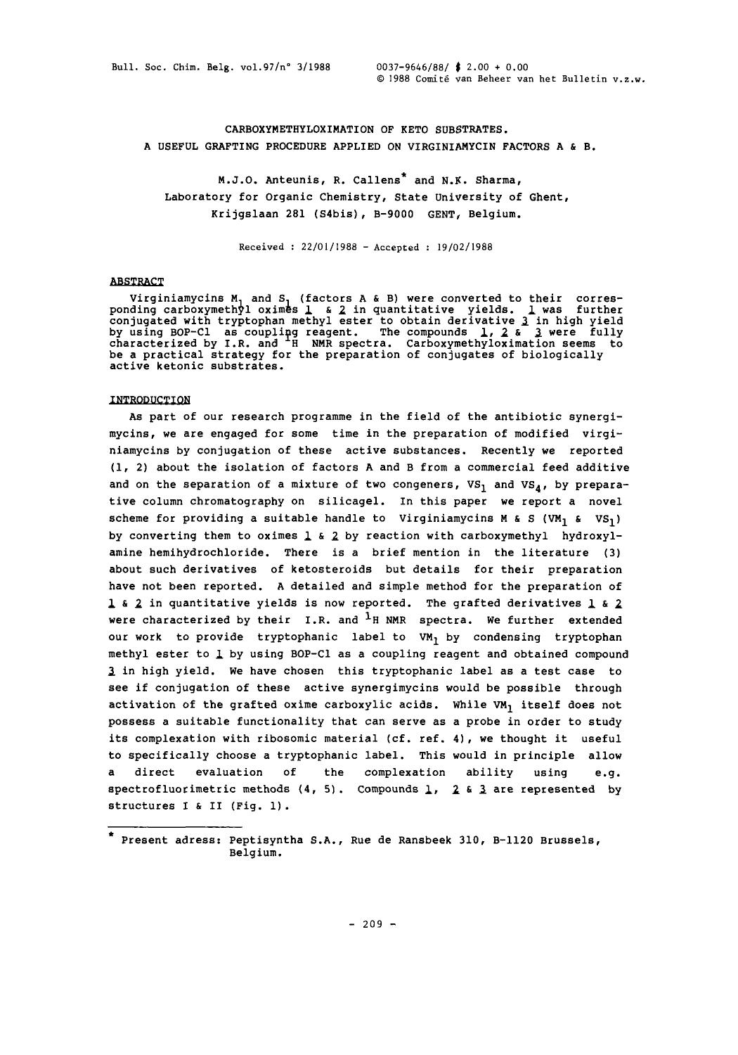 Carboxymethyloximation of keto substrates. A useful grafting procedure applied on virginiamycin factors A & B by Unknown