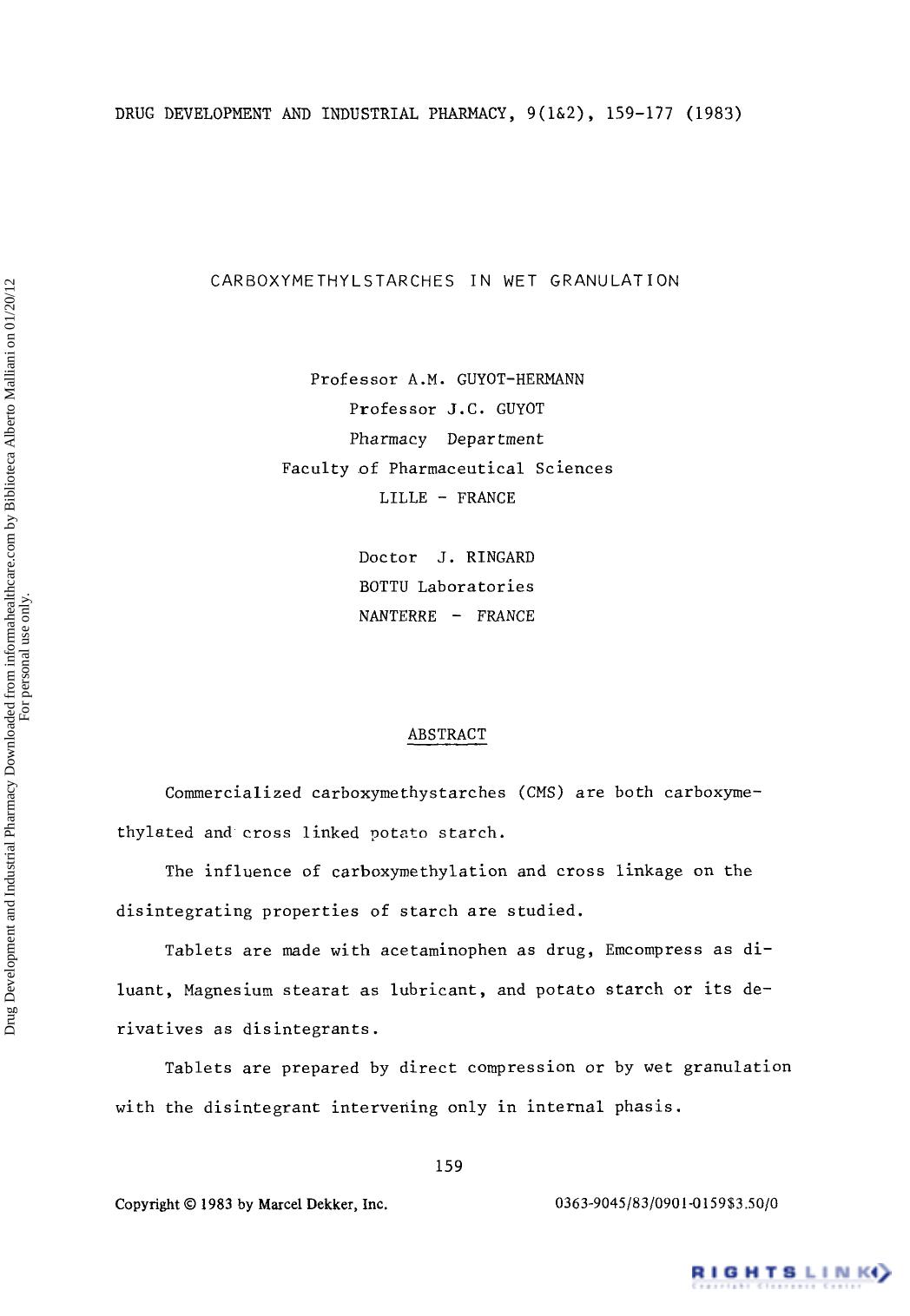 Carboxymethylstarches in Wet Granulation by Professor A.M. Guyot-Hermann Professor J.C. Guyot & Doctor J. Ringard