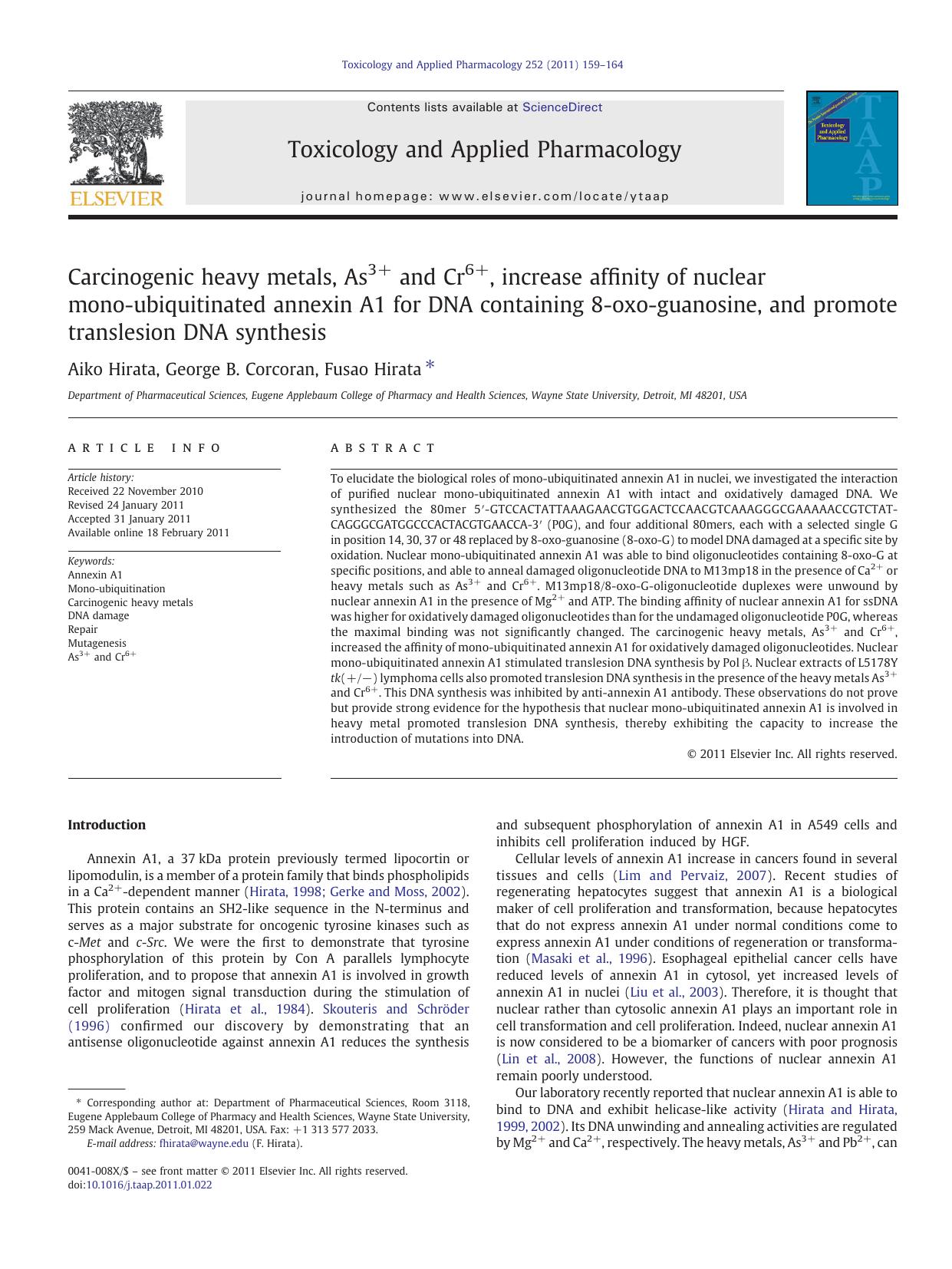 Carcinogenic heavy metals, As3+ and Cr6+, increase affinity of nuclear mono-ubiquitinated annexin A1 for DNA containing 8-oxo-guanosine, and promote translesion DNA synthesis by Aiko Hirata