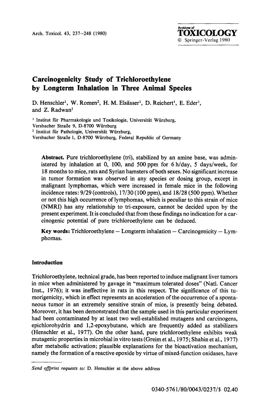 Carcinogenicity study of trichloroethylene by longterm inhalation in three animal species by Unknown