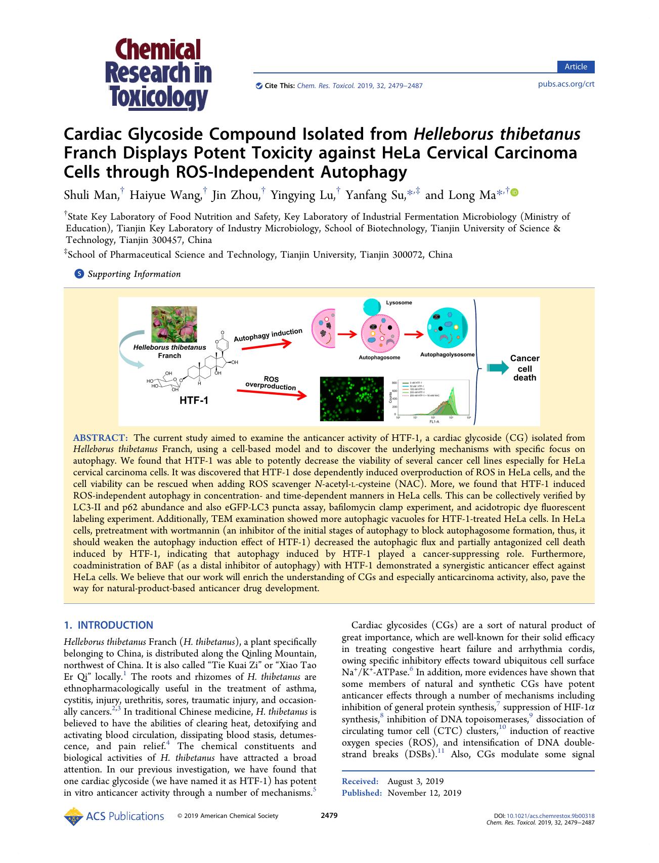 Cardiac Glycoside Compound Isolated from Helleborus thibetanus Franch Displays Potent Toxicity against HeLa Cervical Carcinoma Cells through ROS-Independent Autophagy by Shuli Man Haiyue Wang Jin Zhou Yingying Lu Yanfang Su and Long Ma