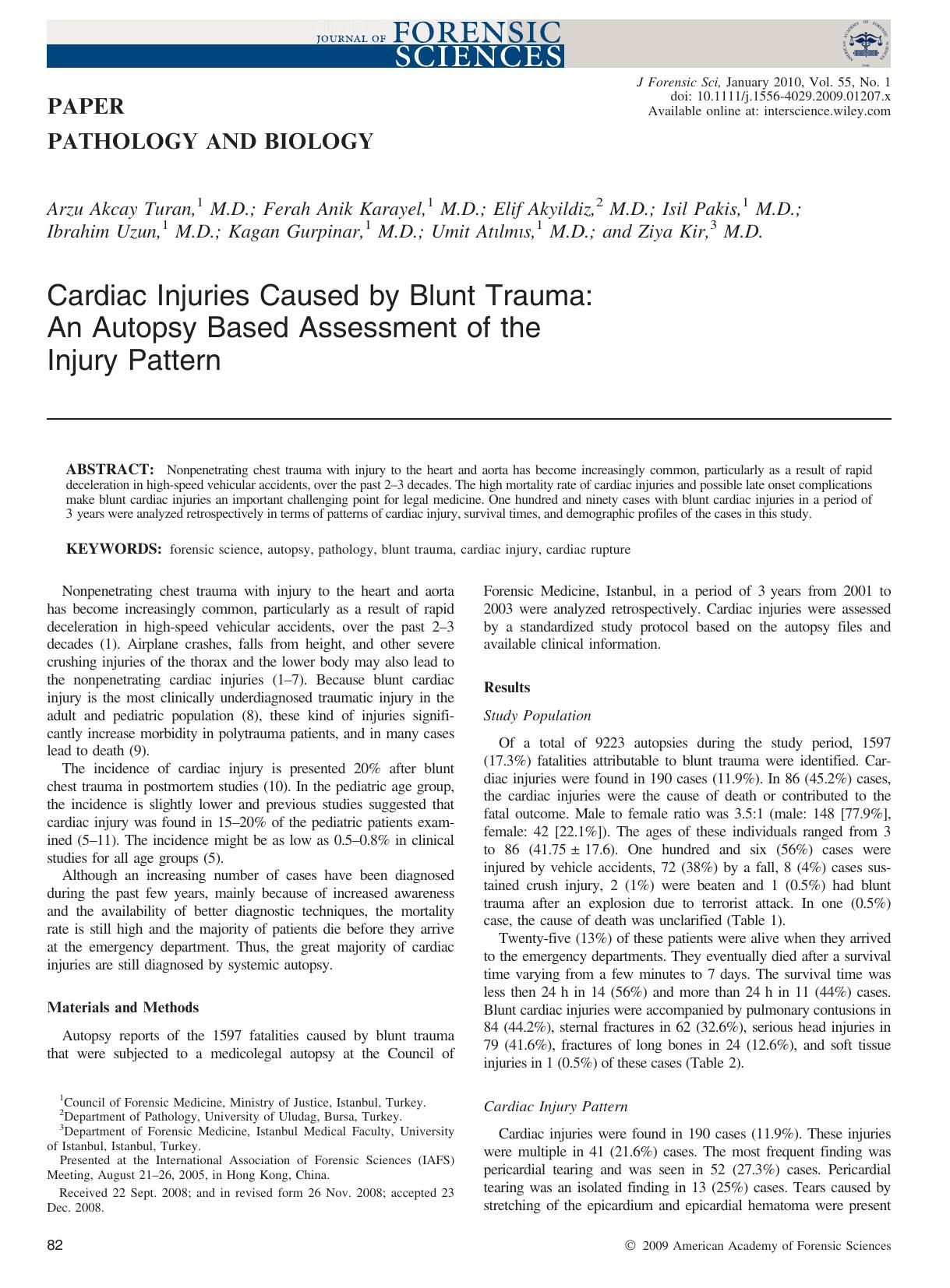 Cardiac Injuries Caused by Blunt Trauma: An Autopsy Based Assessment of the Injury Pattern by Unknown