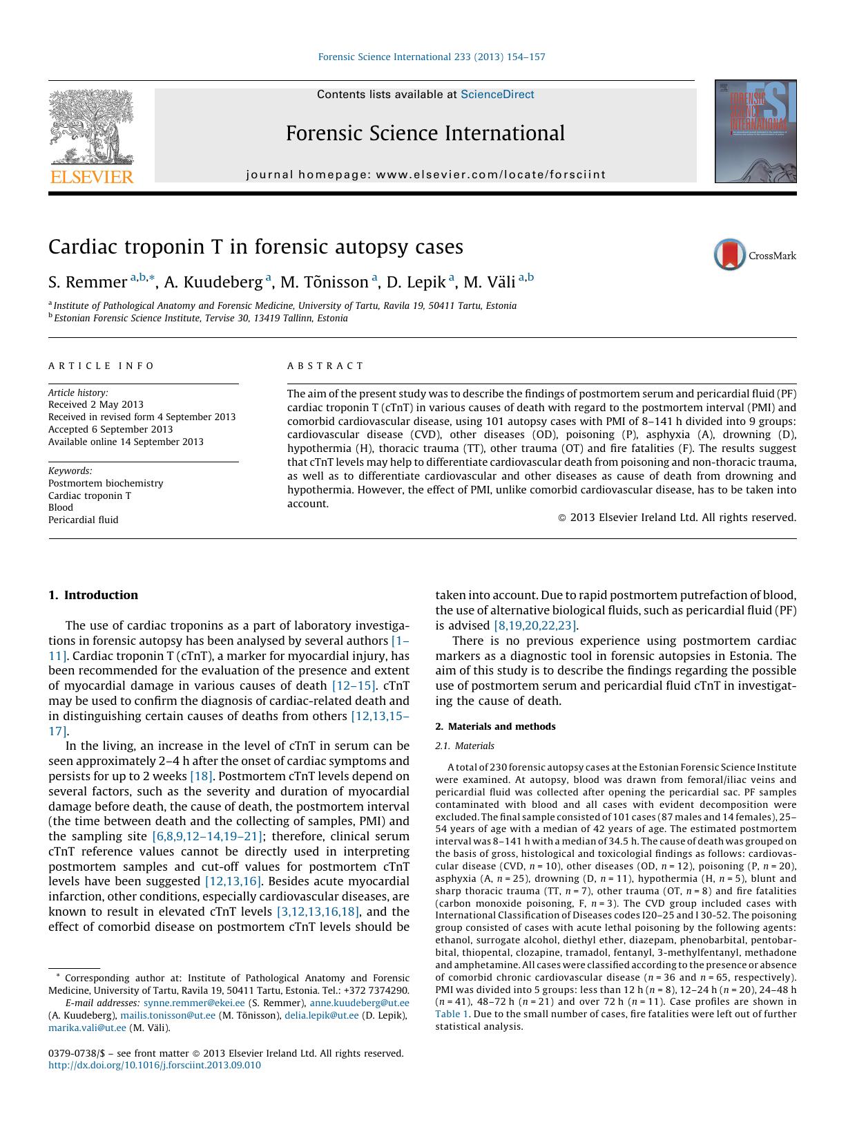 Cardiac troponin T in forensic autopsy cases by S. Remmer & A. Kuudeberg & M. Tõnisson & D. Lepik & M. Väli