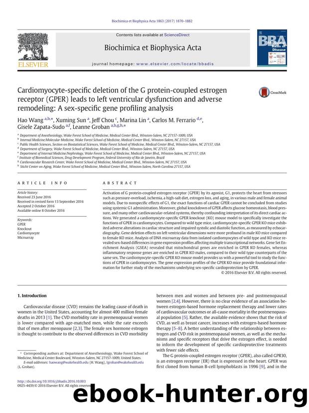 Cardiomyocyte-specific deletion of the G protein-coupled estrogen receptor (GPER) leads to left ventricular dysfunction and adverse remodeling: A sex-specific gene profiling analysis by unknow