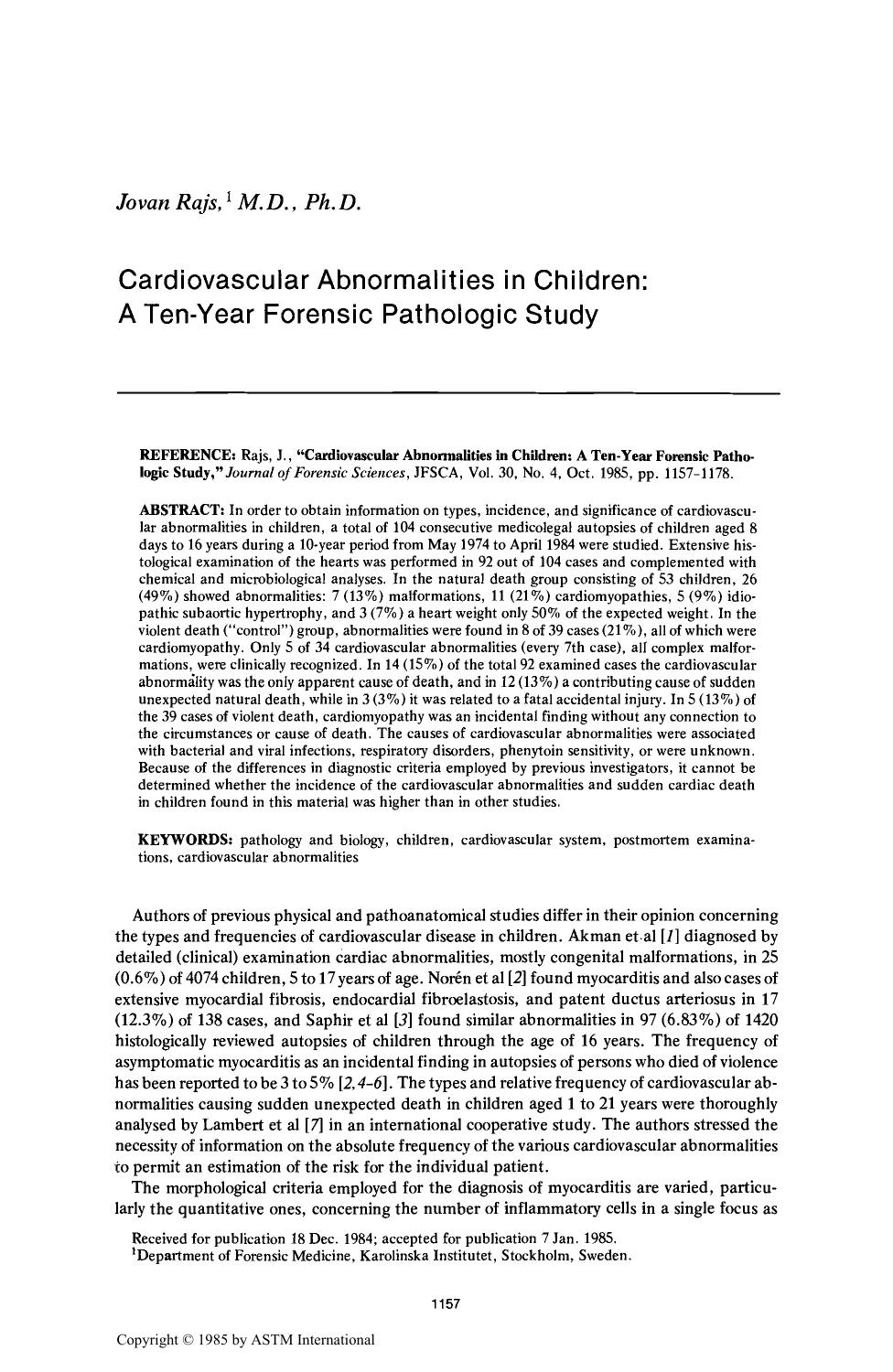Cardiovascular Abnormalities in Children: A Ten-Year Forensic Pathologic Study by Rajs J