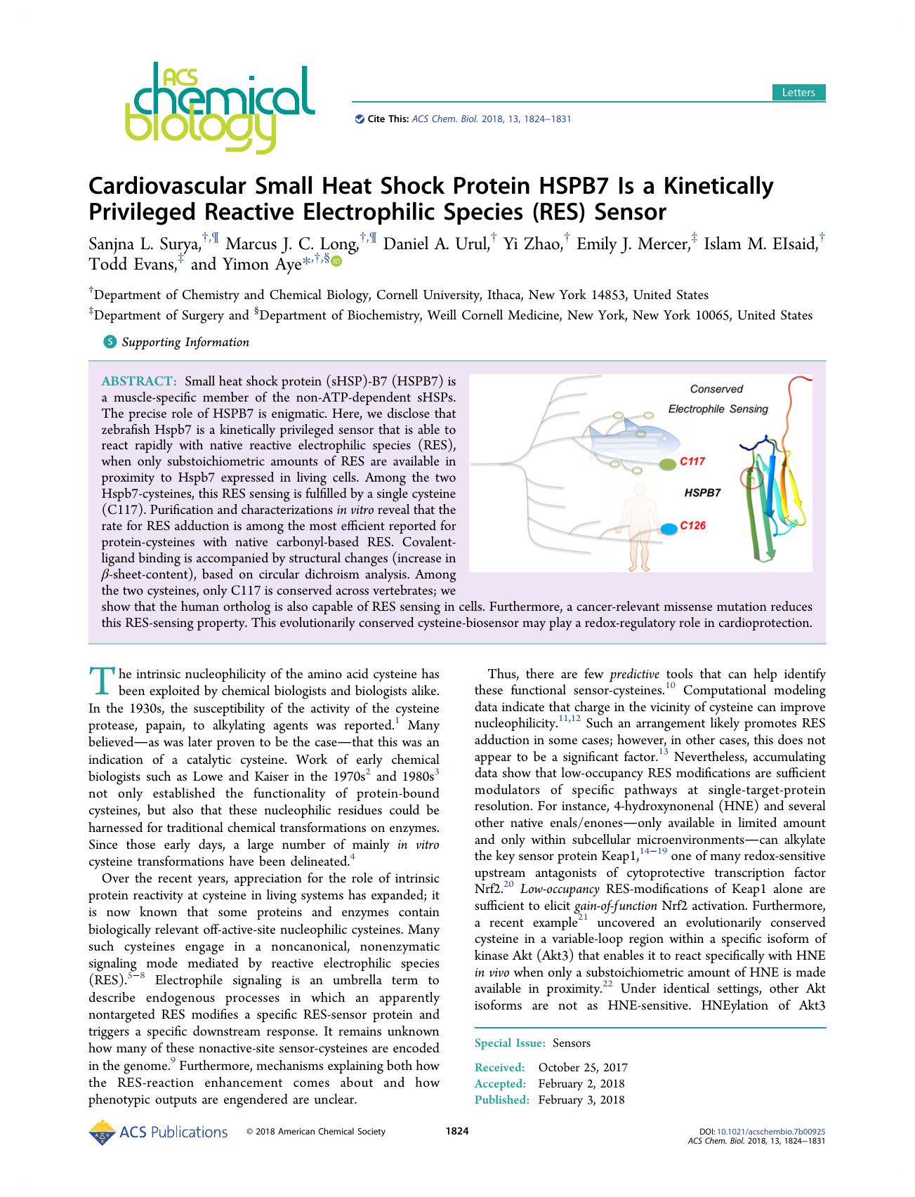 Cardiovascular Small Heat Shock Protein HSPB7 Is a Kinetically Privileged Reactive Electrophilic Species (RES) Sensor by unknow