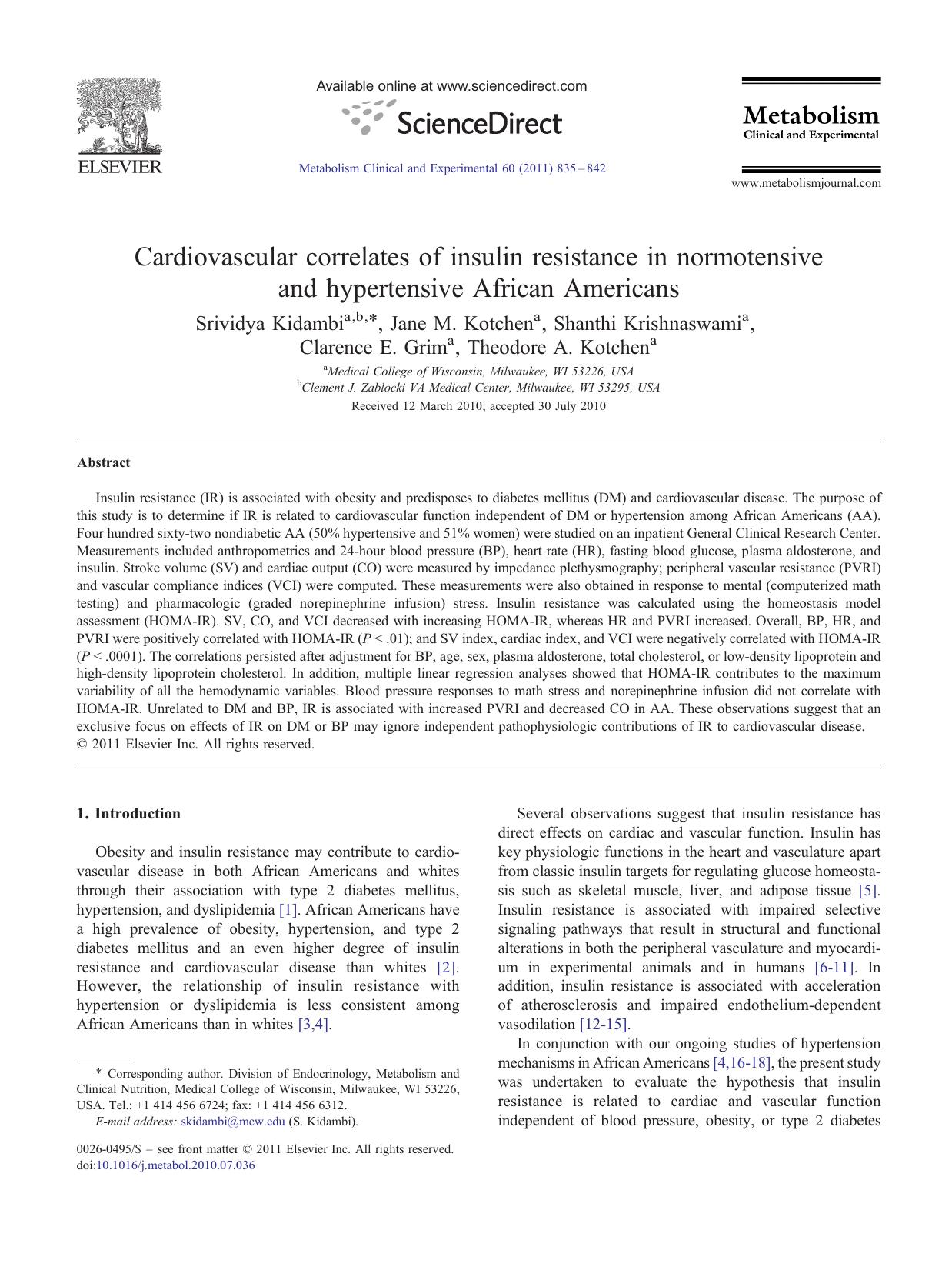 Cardiovascular correlates of insulin resistance in normotensive and hypertensive African Americans by Srividya Kidambi & Jane M. Kotchen & Shanthi Krishnaswami & Clarence E. Grim & Theodore A. Kotchen