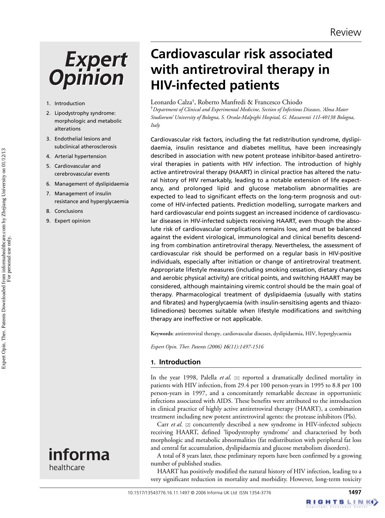 Cardiovascular risk associated with antiretroviral therapy in HIV-infected patients by Dr Leonardo Calza Roberto Manfredi & Francesco Chiodo