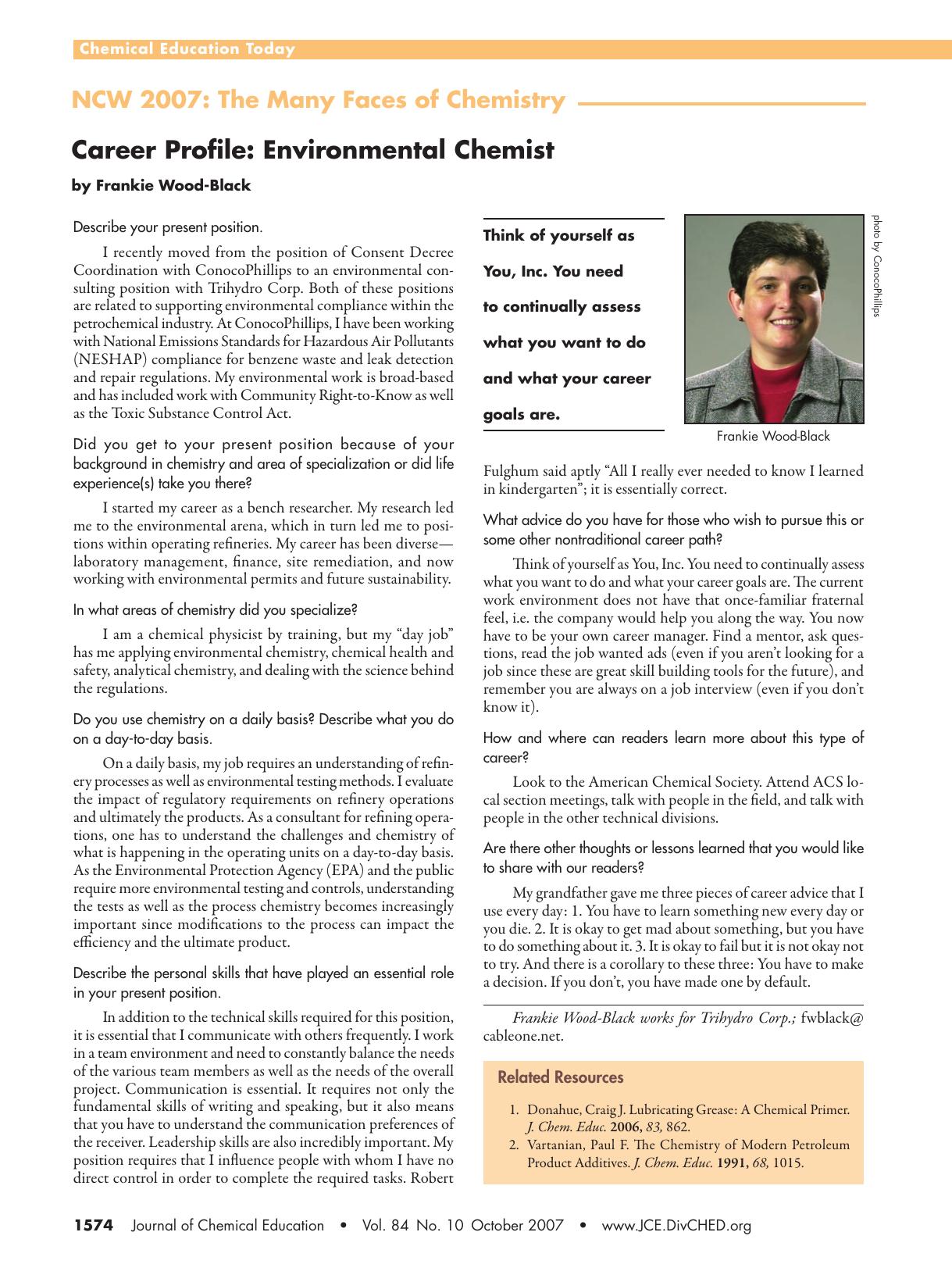 Career Profile: Environmental Chemist by Frankie K. Wood-Black